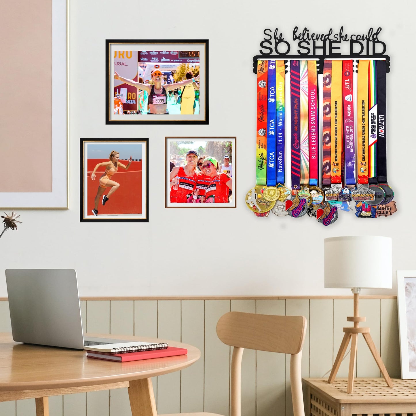 She Believed She Could So She Did Medal Hanger Display for Wall | Holds 60+ Medals | Sturdy Black Steel Sports Medal Holder Rack for Runners, Gymnastics, Dance | Inspirational Gift for Girls & Women