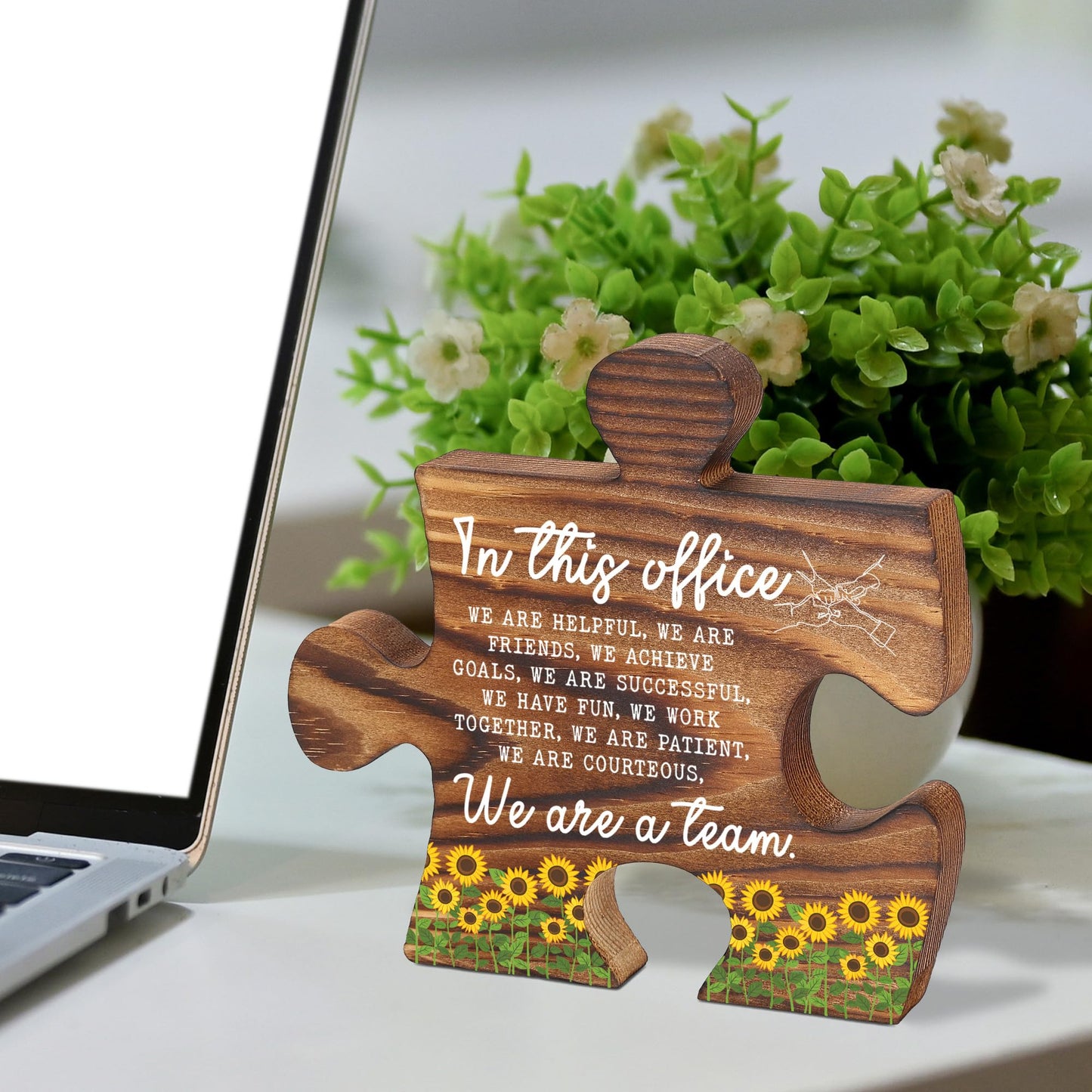 In This Office Puzzle Desk Sign with Sunflowers, Teamwork Quote Office Decor Gift for Coworkers Boss, Inspirational Thank You Gift for Colleagues Women Men, Work Desk Display Plaque - FSE369