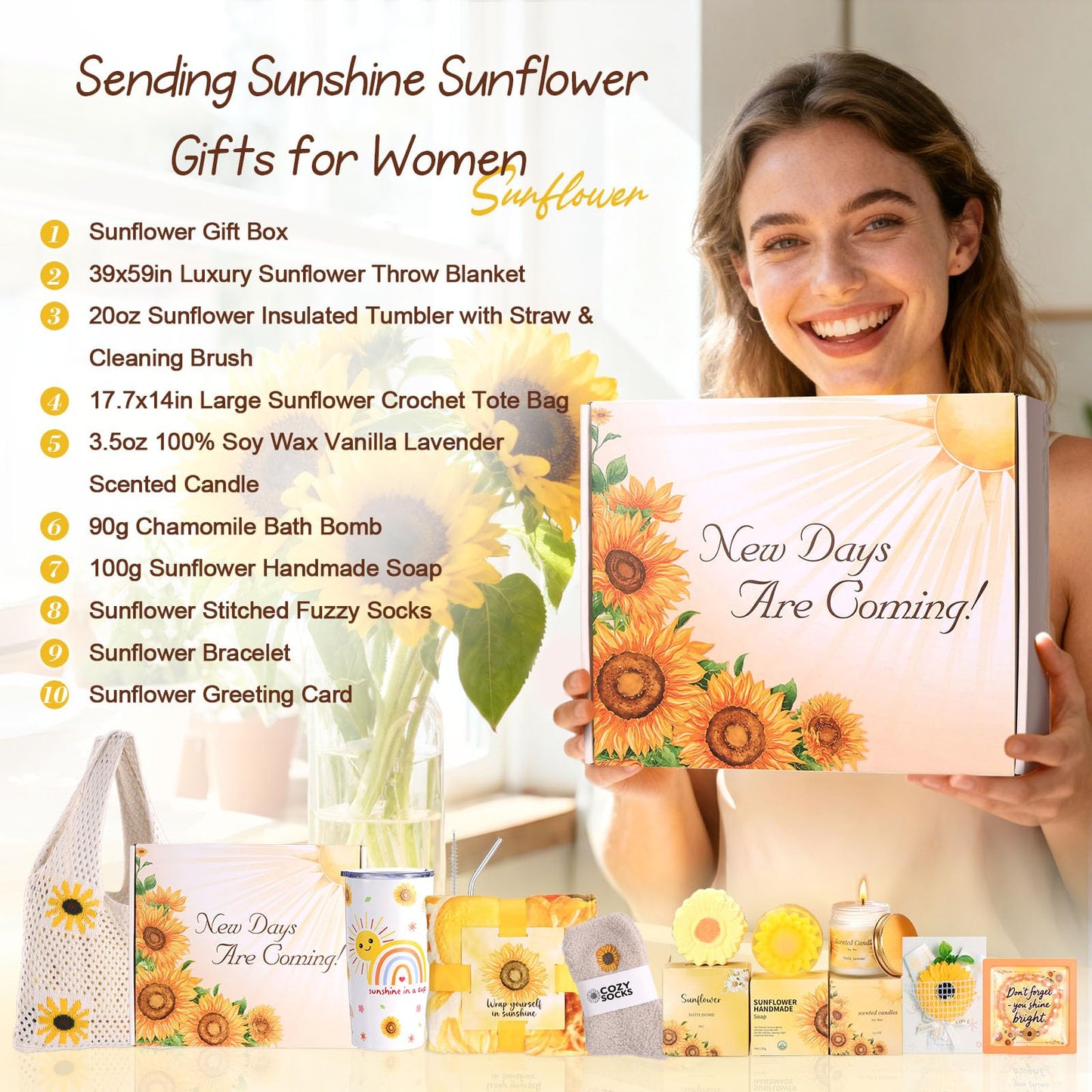 Sunflower Birthday Gifts for Women Self Care Gift - Sending Sunshine Gift Box Get Well Soon Sympathy Gift Basket for Women Care Package, Mothers Day Inspirational Gifts for Mom Wife Sister Friends