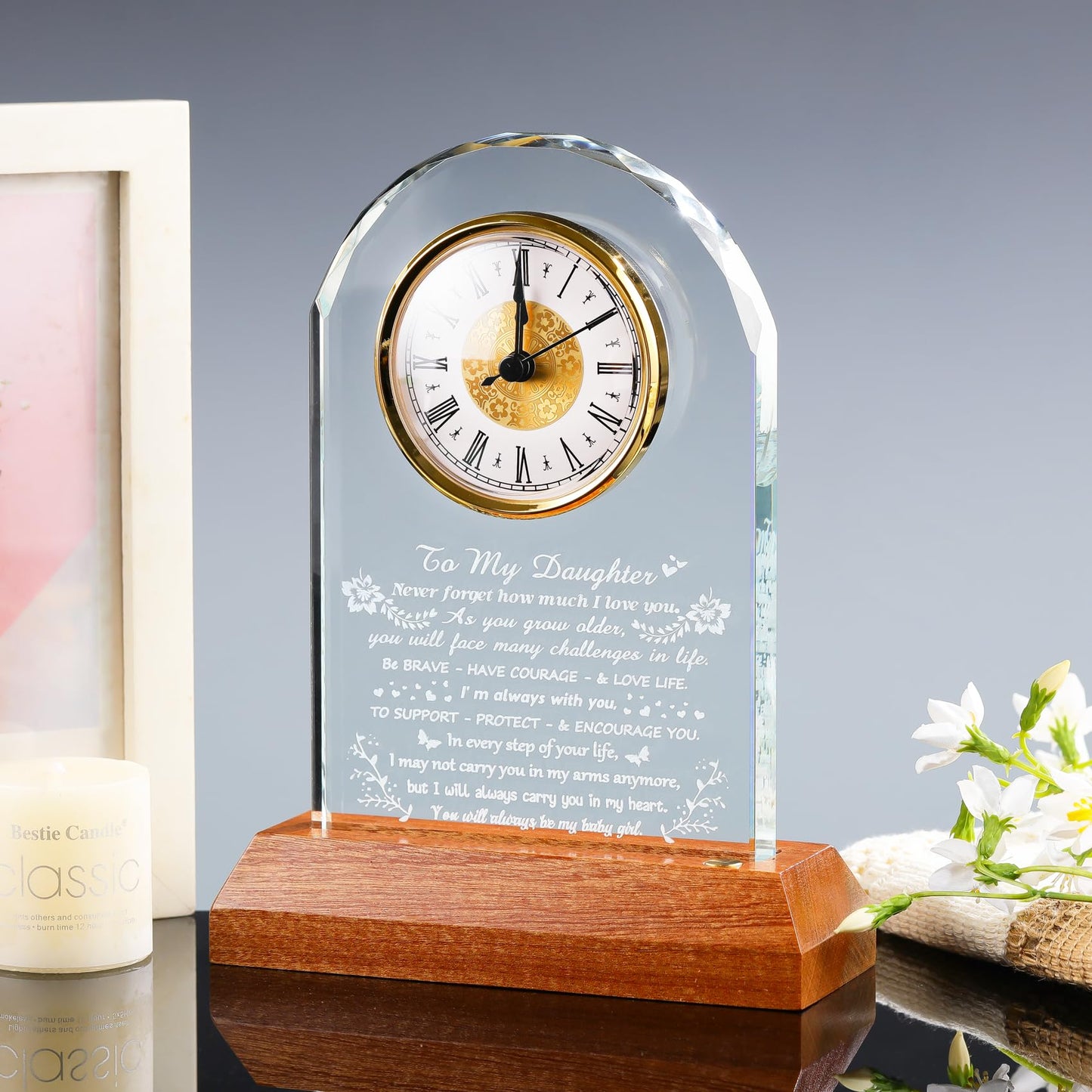 Arikyrist Daughter Gifts from Mom Dad Glass Daughter Clock with Wooden LED Light Base Inspirational Birthday Christmas Graduation Gift for Daughters Lovely Decor for Table Home