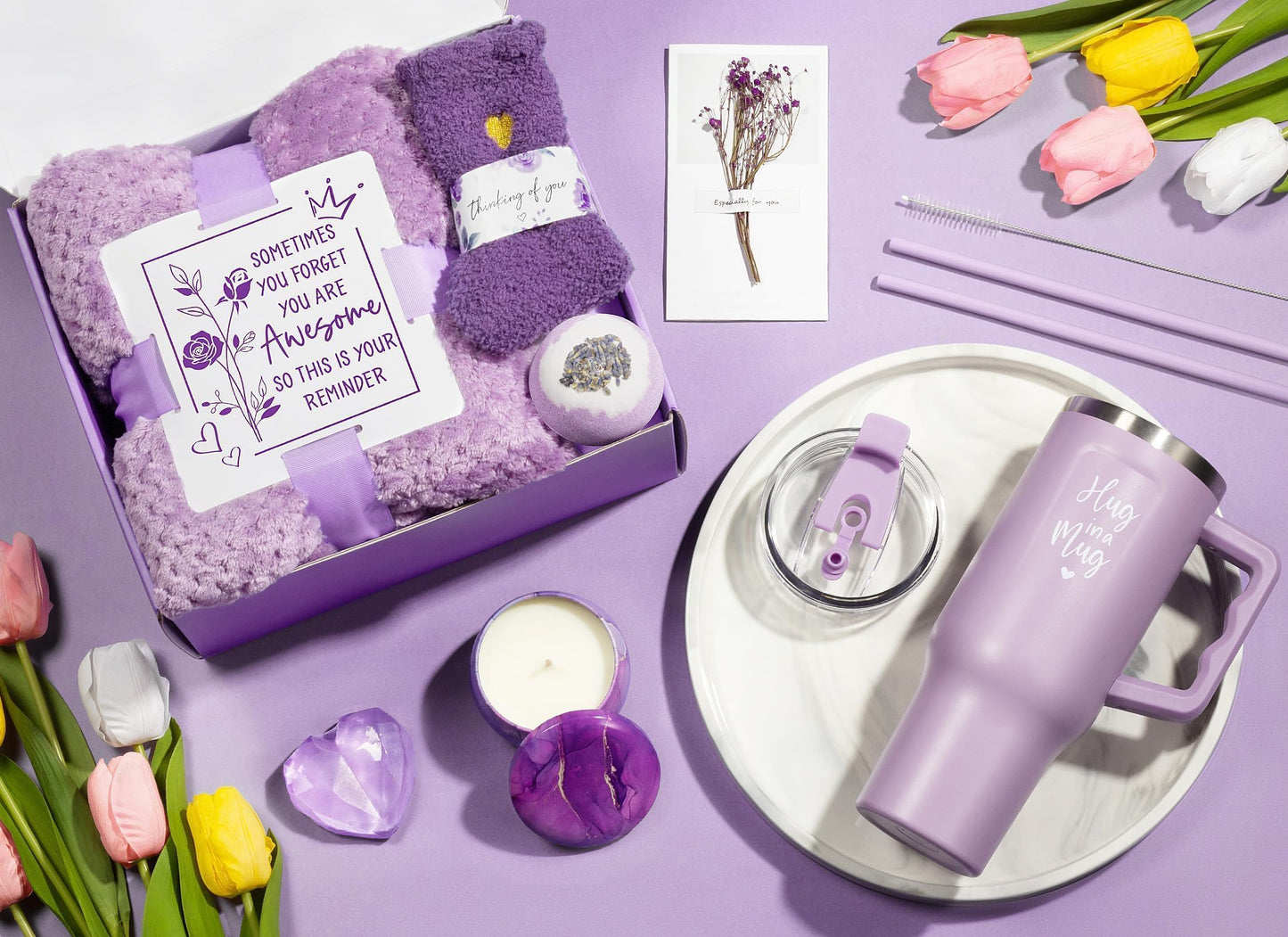 Birthday Gifts for Women Self Care Get Well Soon Gifts, Lavender Relaxing Spa Bath Gift Basket Care Package w/ Flannel Blanket 40 OZ Tumbler, Mother's Day Gift for Mom Her Wife Girlfriend Grandma