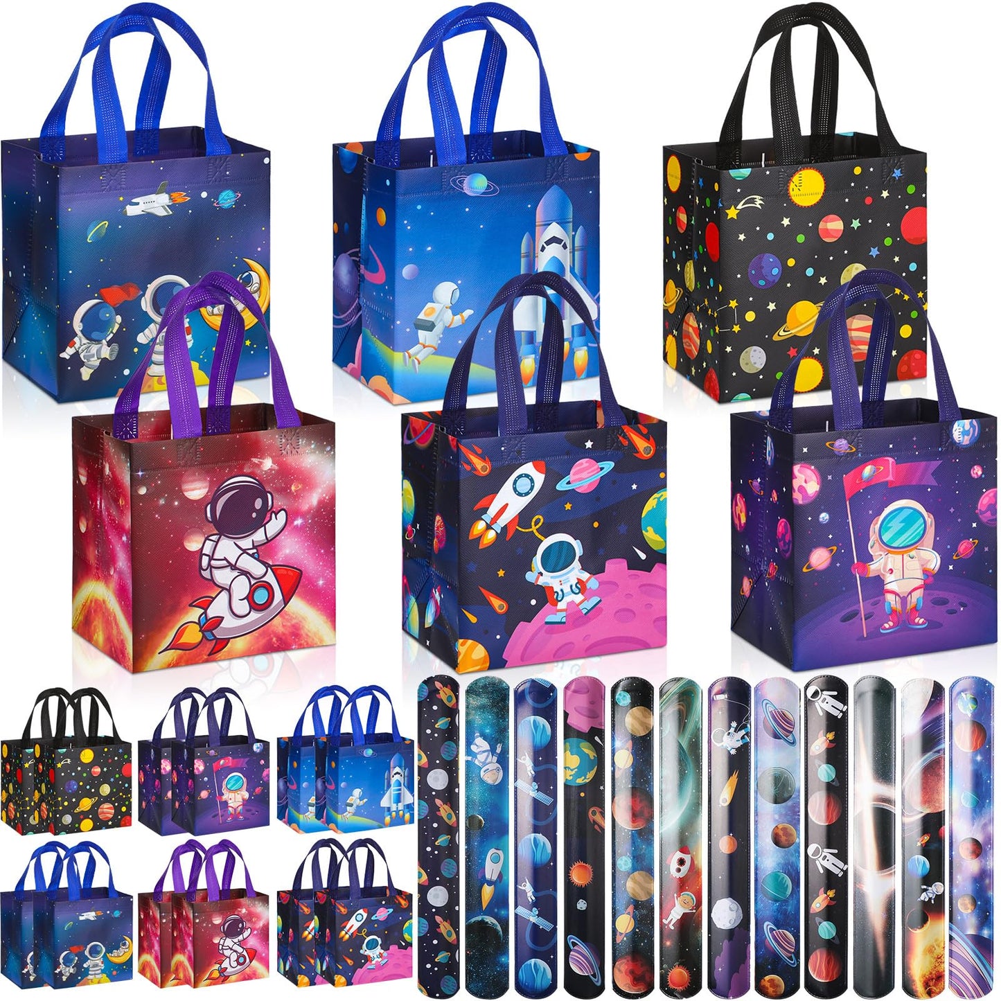 MiniInflat 24 Pcs Space Party Favor Bags Outer Space Non Woven Astronaut Gift Treat Bags with 24 Pcs Slap Bracelets, Reusable Galaxy Goodie Candy Bag with Handles for Astronaut Party Supplies