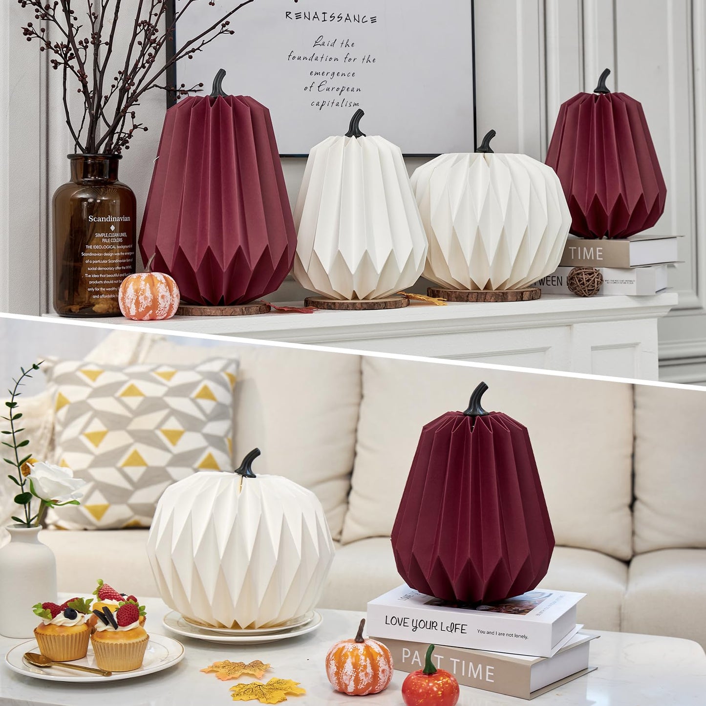 4Pcs Paper Pumpkin Table Decorations, Fall Pumpkin Honeycomb Centerpieces 3D Paper Honeycomb Pumpkins for Thanksgiving Autumn Halloween Home Table Decor (Burgundy and White)