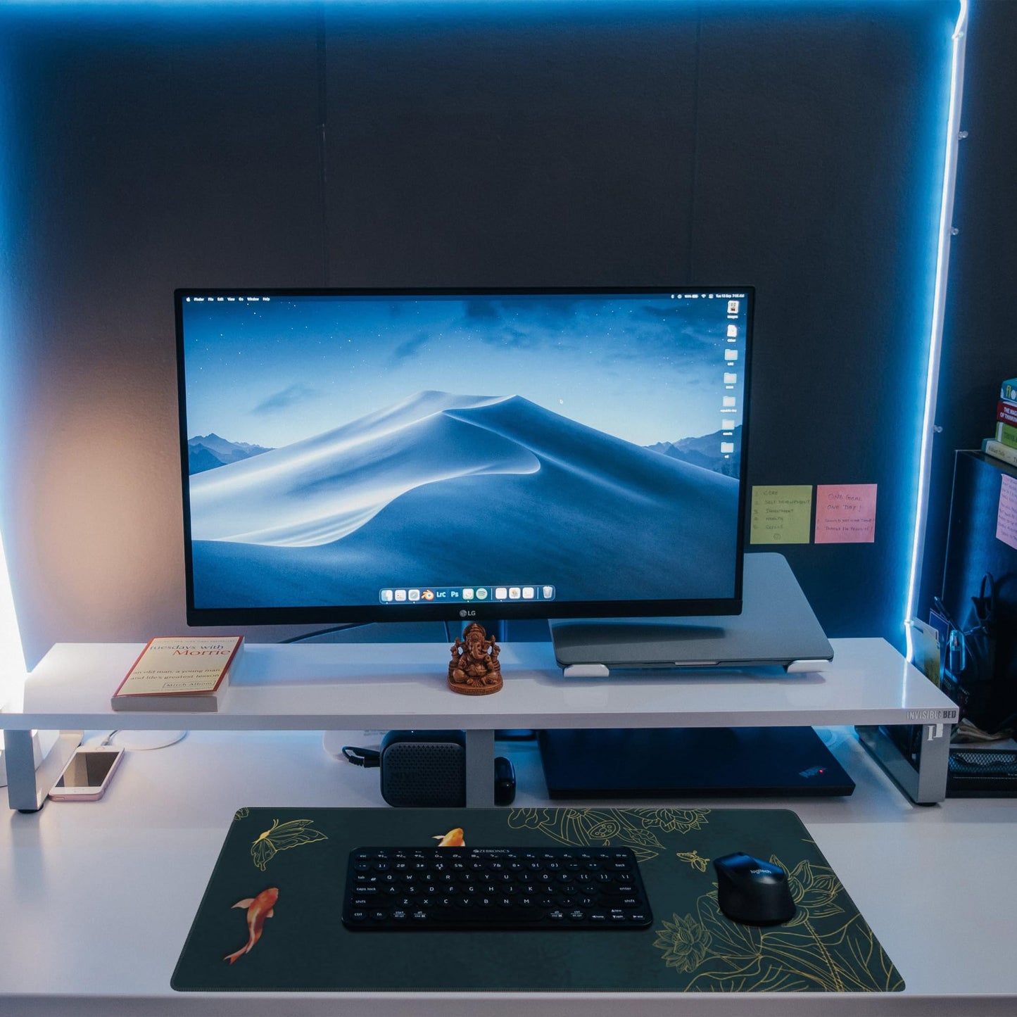 Eflxamz Large Gaming Mouse Pad, Koi Fish Ink Painting Desk Mat, Golden Line Lotus Desk Pad, Extended Big Computer Keyboard Mouse Pad with Non-Slip Base and Stitched Edge, 31.5"x11.8"