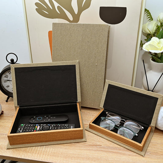 DECOR4SEASON Decorative Book Boxes Set of 3 – Modern Faux Linen & Wood Hidden Storage for Coffee Table – Stackable Fake Books for Shelf Decor, Remote Control & Jewelry Organizer (Warm Taupe)