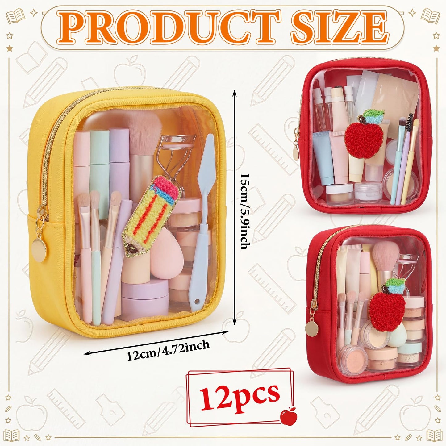 Sunnymove 12 Pcs Teacher Appreciation Gifts Bulk – Clear Makeup Bag Pouch with Chenille Patches and Zipper, Teacher Pencil Pouch Survival Kit, Graduation Retirement Teachers Thank You Gifts for Women