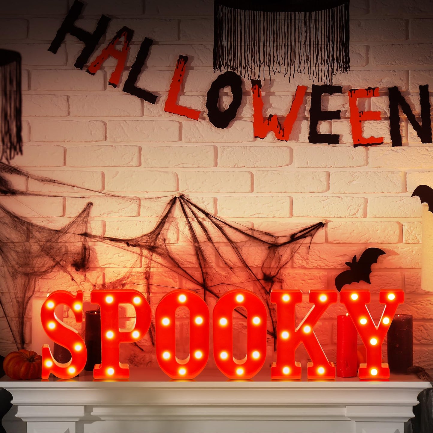 Grinsvalley 6 Pcs Halloween Decorations LED Spooky Signs Marquee Light up Letters for Table Wall Hanging Red Spooky Letters Lights Halloween Party Supplies for Porch Mantel Bedroom Tabletop