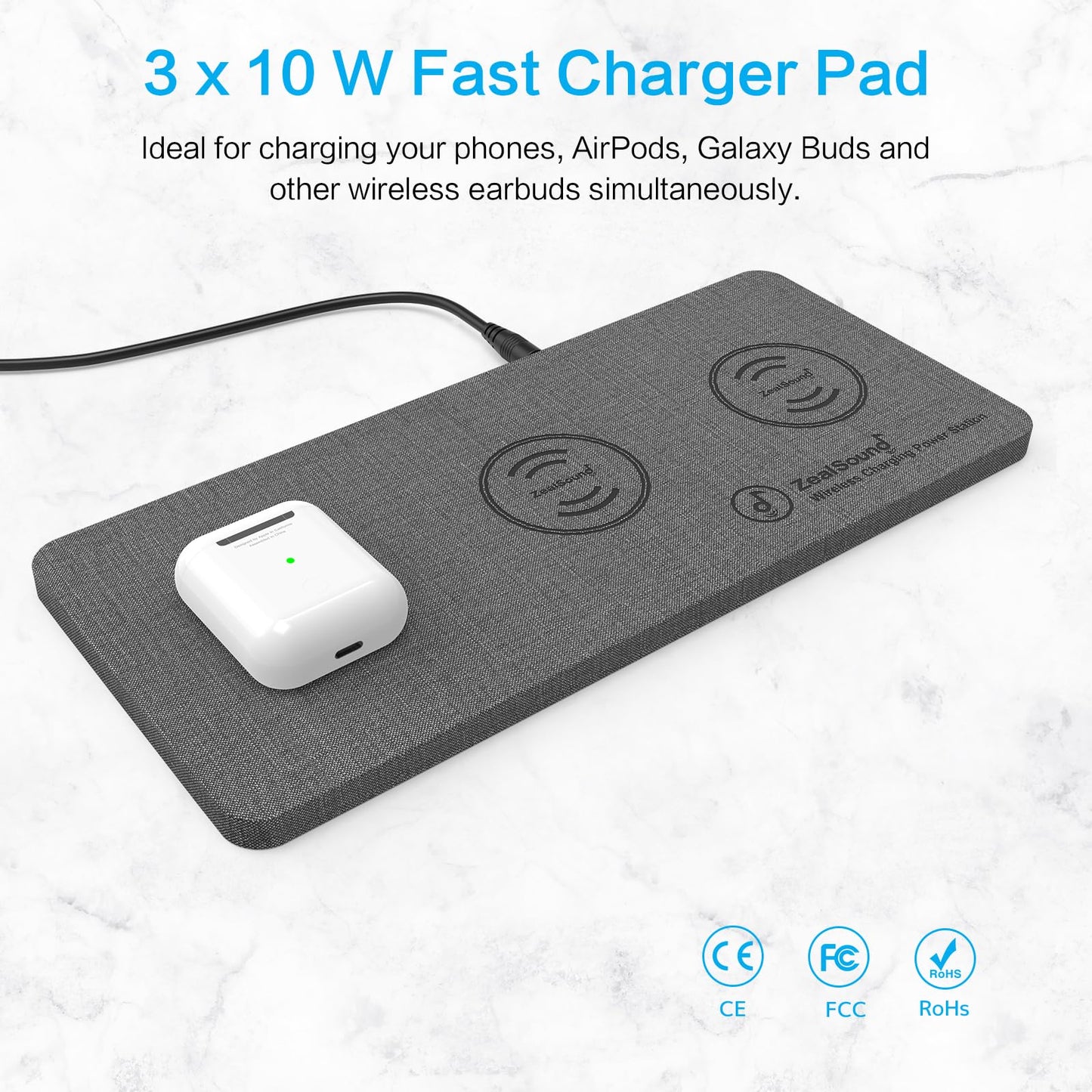 ZealSound Wireless Charging Pad, 3 in 1 Charger Mat for iPhone, Samsung Galaxy, Pixel, AirPods & Galaxy Buds, 24W Adapter Included, Ultra Slim, Case Friendly, PU Leather, Home Office & Travel, Gray