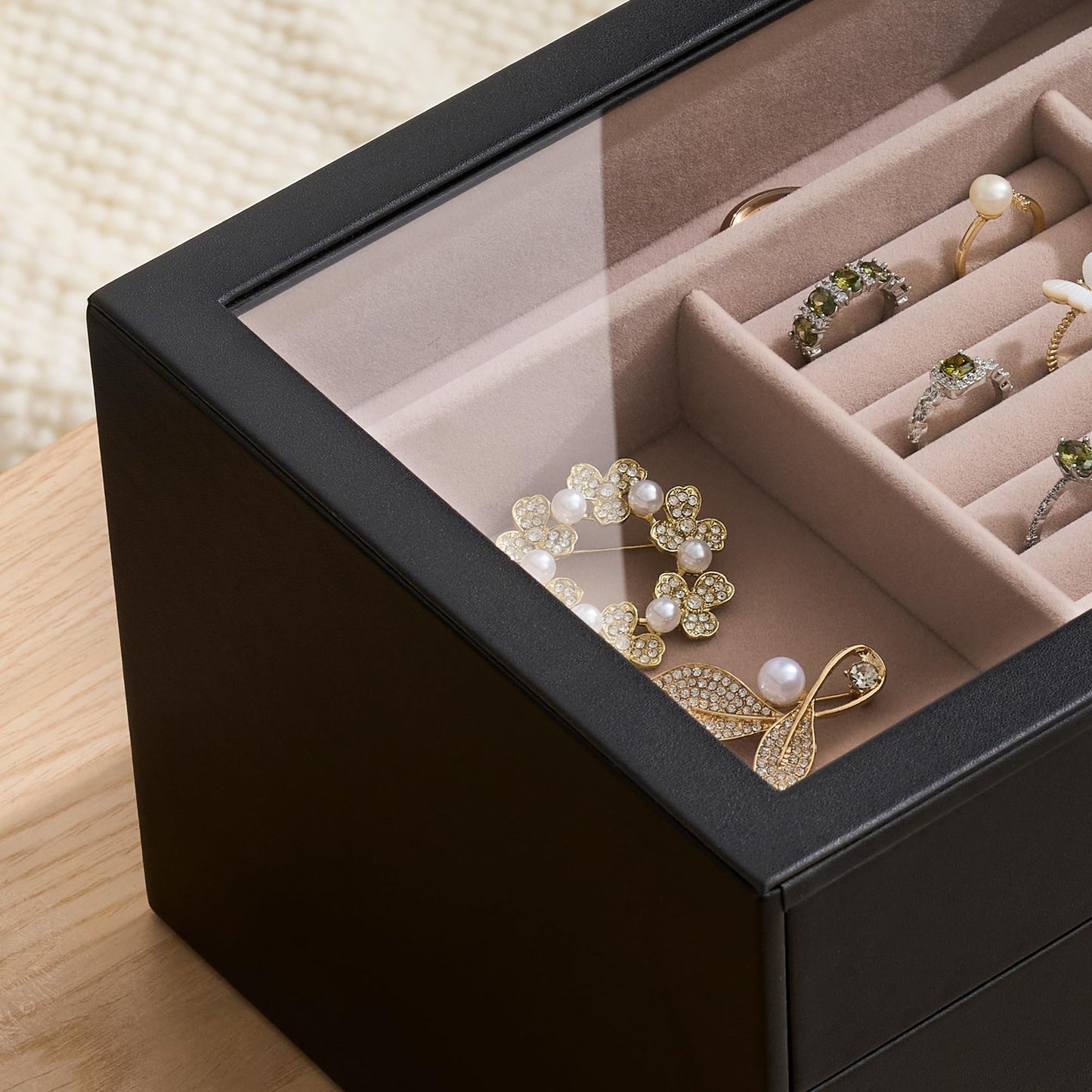 pickpiff Jewelry Box Organizer Case for Women: 3-Layer Jewelry Storage Case with Glass Window, Black Leather with Blush Velvet, Holder for Ring Necklace Bracelet Brooch Watch, Great Gift for Her