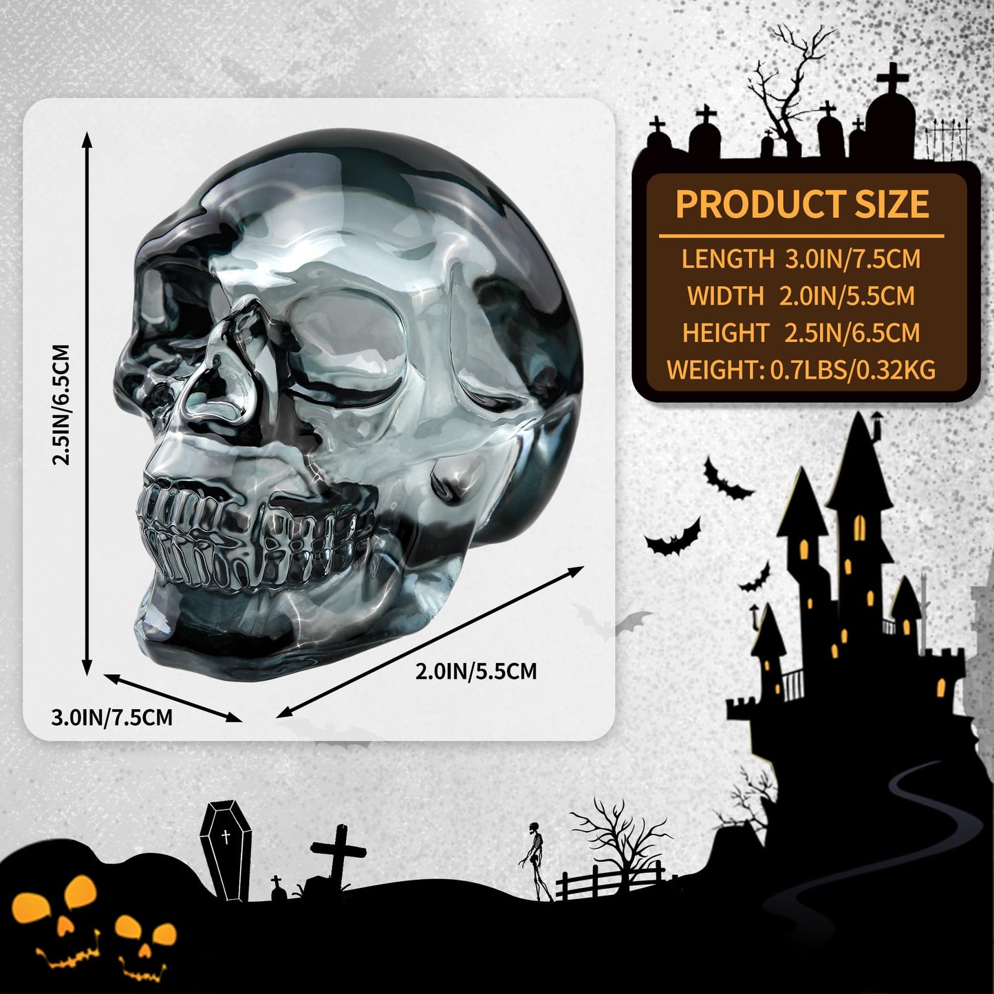 QIANCHANG Black Plating Glass Skull Figurines, Skeleton Heads Model for Day of The Dead/Halloween, Gothic Decor Skull Gifts for Women