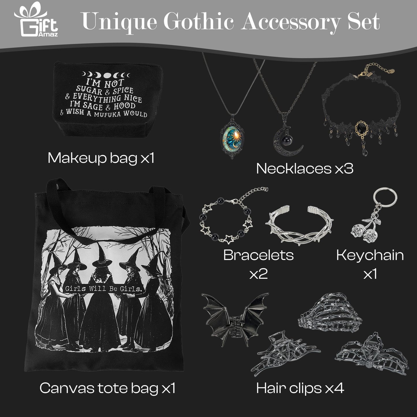 Giftamaz Gothic Gifts for Women - 12 PCS Witchy Gifts Goth Accessories with Hair Clips, Witch Canvas Tote Makeup Bag, Spooky Gifts Basket Witchy Skull Gift Box for Girls Teens Friend Gothic Lovers