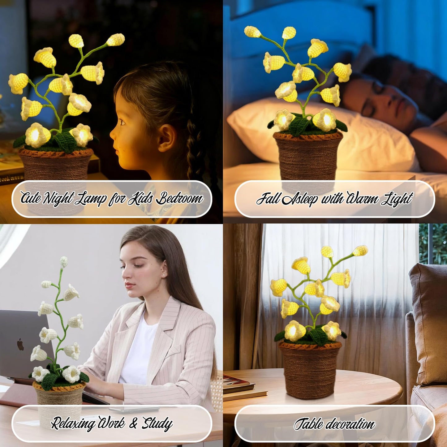 Lily of The Valley Lamp, Crochet Artificial Flowers with 10 Little Night Lights, Cordless Flower Bedside Lamps Small Table Lamp for Mothers Day,Birthday Gifts,Christmas,Valentine Home Decor (White)