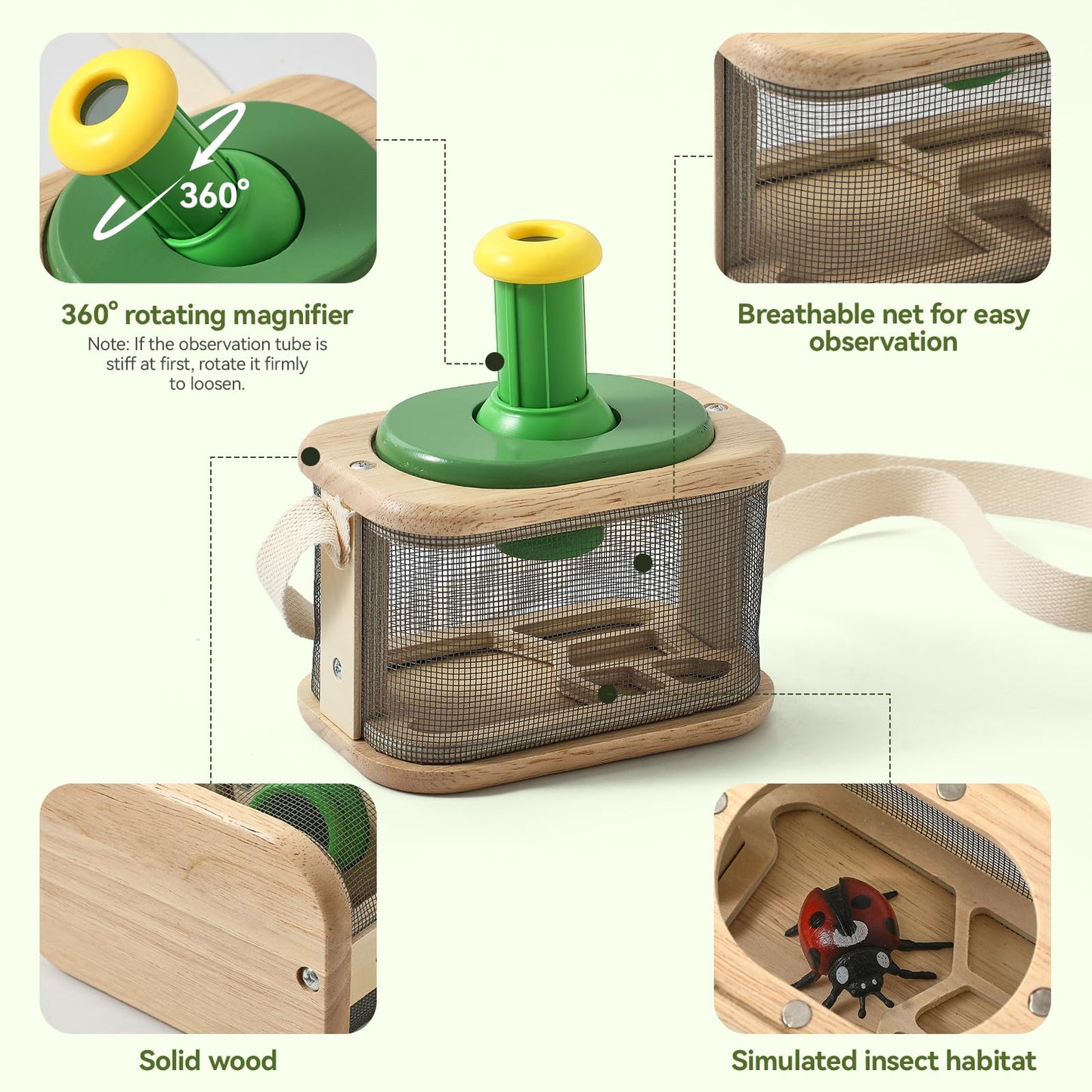 Wooden Bug Catcher for Kids, 360° Rotating Magnifier, Insect Explorer kit, with Bug Habitat, Butterfly Net, Bug Tongs, 10 Insect Cards, Montessori STEM Nature Toy for Outdoor