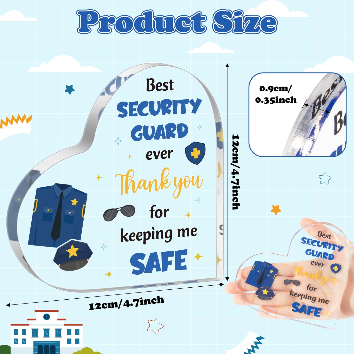 WATINC Appreciation Gifts for Security Guard, Thank You School Safety Officer Keepsake Award for Men, Acrylic Heart Shaped Table Centerpiece Sign, Thanks Security Staff Farewell Birthday Desk Decor