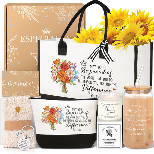 iAOVUEBY Thank You Gifts for Women, Employee Appreciation Gifts Baskets for Women, Coworkers Teacher Nurse Secretary Mentor Retirement Thank You Gift Ideas, Canvas Tote Bag Tumbler Gratitude Gift Box
