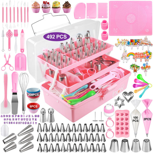 492set Cake Decorating Tools Kit,Include Piping Bags and Tips Set,Baking Supplies Accessories with Storage Case,Cupcake Cookie Frosting Fondant Bakery for Adult Beginners or Professional Cake Shop
