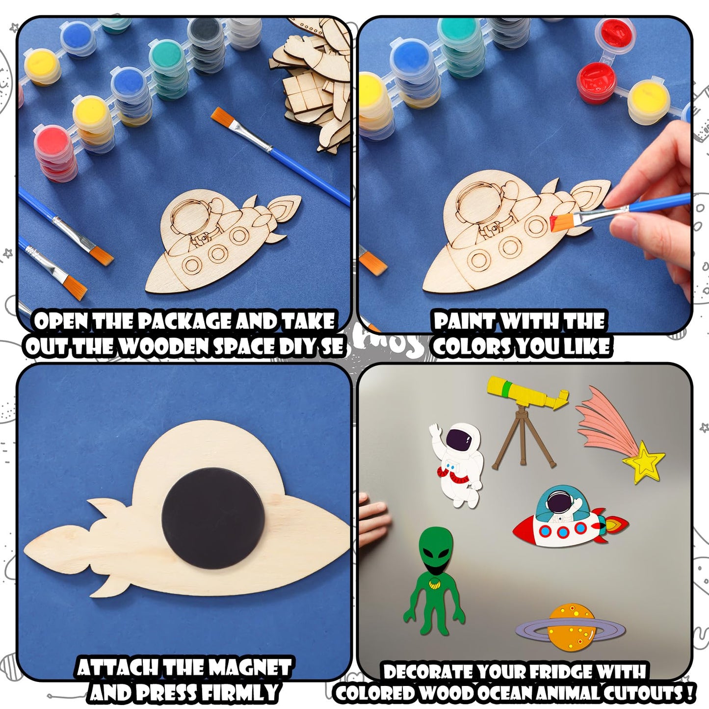 JellyArch 24 Pcs Unfinished Wood Cutouts Space Paint Kit Set and DIY Crafts for Classroom School Birthday Gifts Paint Your Own Painting Bulk Kits and Crafts