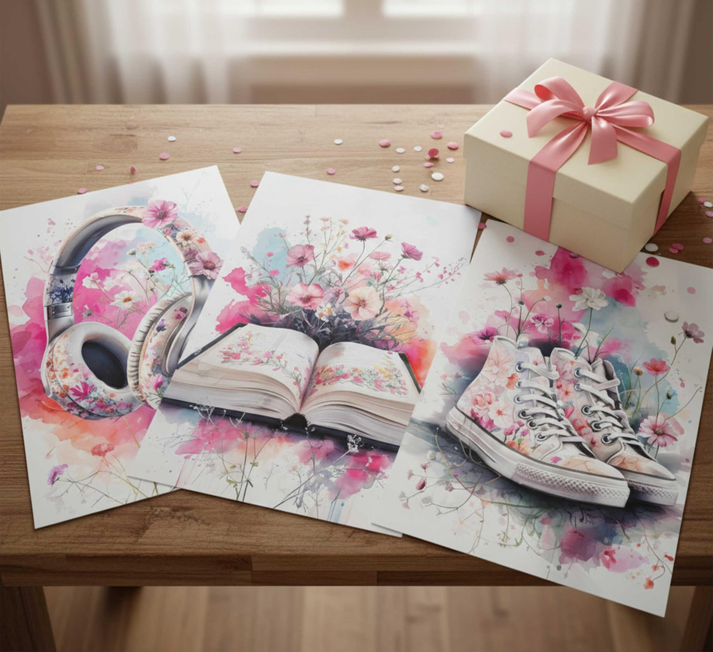 3Pcs Teen Girls Bedroom Canvas Wall Art Fashion Headphones Book and Shoes Pink Watercolo Splash Flower Painting Pictures Wall Decor Print Artwork for Living Room Dorm Home Decoration Unframed