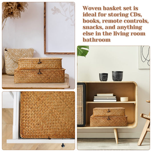 Didaey Set of 4 Seagrass Basket with Lid Wicker Storage Basket Decorative Storage Boxes with Lids Flat Storage Bins Woven Organizer Baskets for Shelf Closet Bedroom, 4 Sizes (Brown)