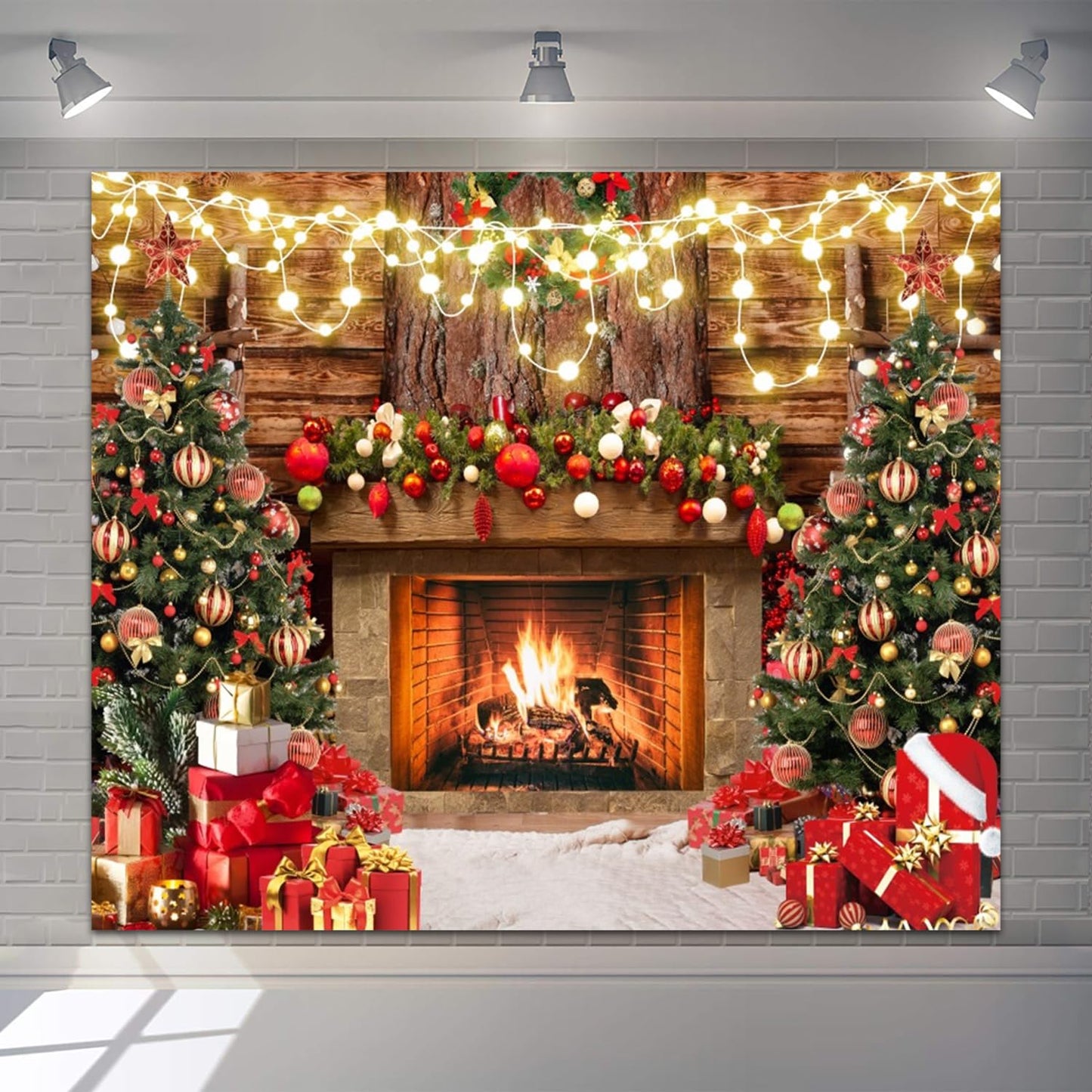 Christmas Fireplace Photography Backdrops 10x8ft Vinyl Winter Photoshoot Backdrop Xmas Tree Lights Wooden Board Wall Gift Box Background Xmas New Year Party Background Banner Supplies Props