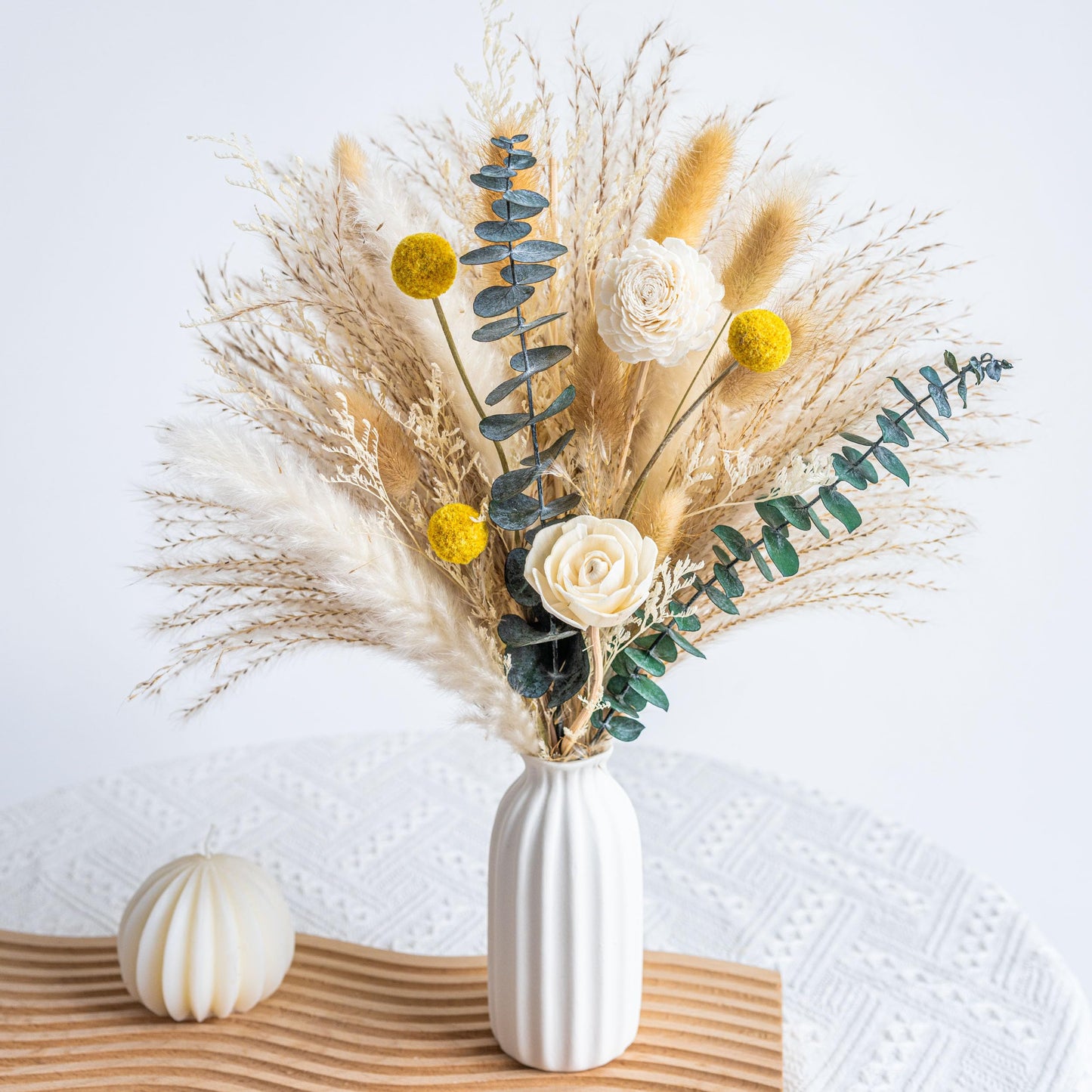 Dried Flowers Reed diffusers kit, Ceramic Vase Included, Reed diffusers for Home,Dried Eucalyptus Arrangements,Dried Grass for Table Room Decor Wedding Party Birthday Decor (WhiteGreen)