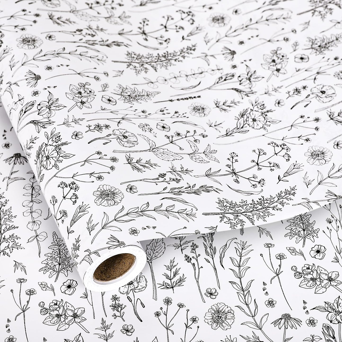 FYSUIMU Vintage Wildflower Wrapping Paper Mini Roll 17 In x 32.8 Ft Spring Black White Floral Gift Wrap Botanical Flower DIY Art Crafts Paper for Wedding Baby Shower Birthday Holiday Party