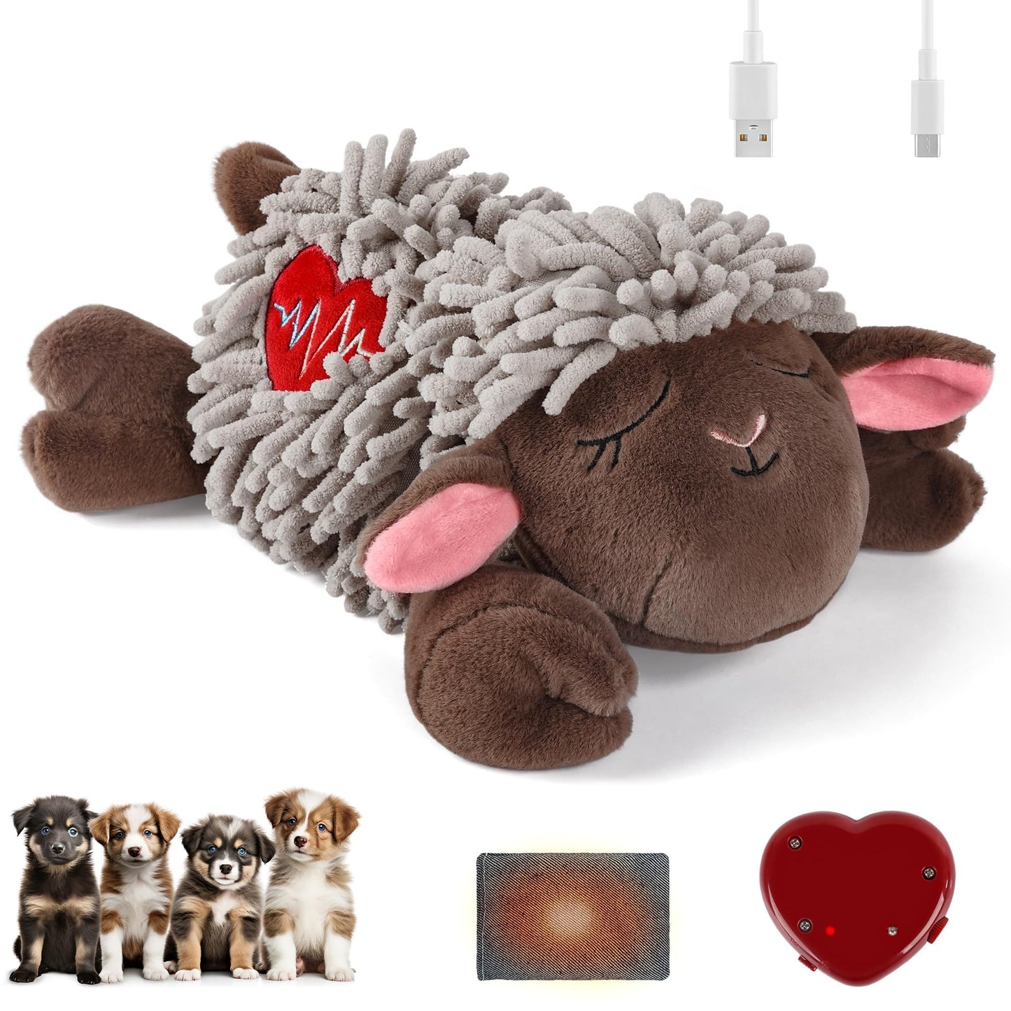 ALL FOR PAWS Heartbeat Dog Toy, Puppy Sleeping Buddy Cuddle Toy, Dog Soothing Plush Toy with Warm Bag, Crate Training Puppy Stuffed Animal Gift Toys, Heartbeat Box with USB Charging
