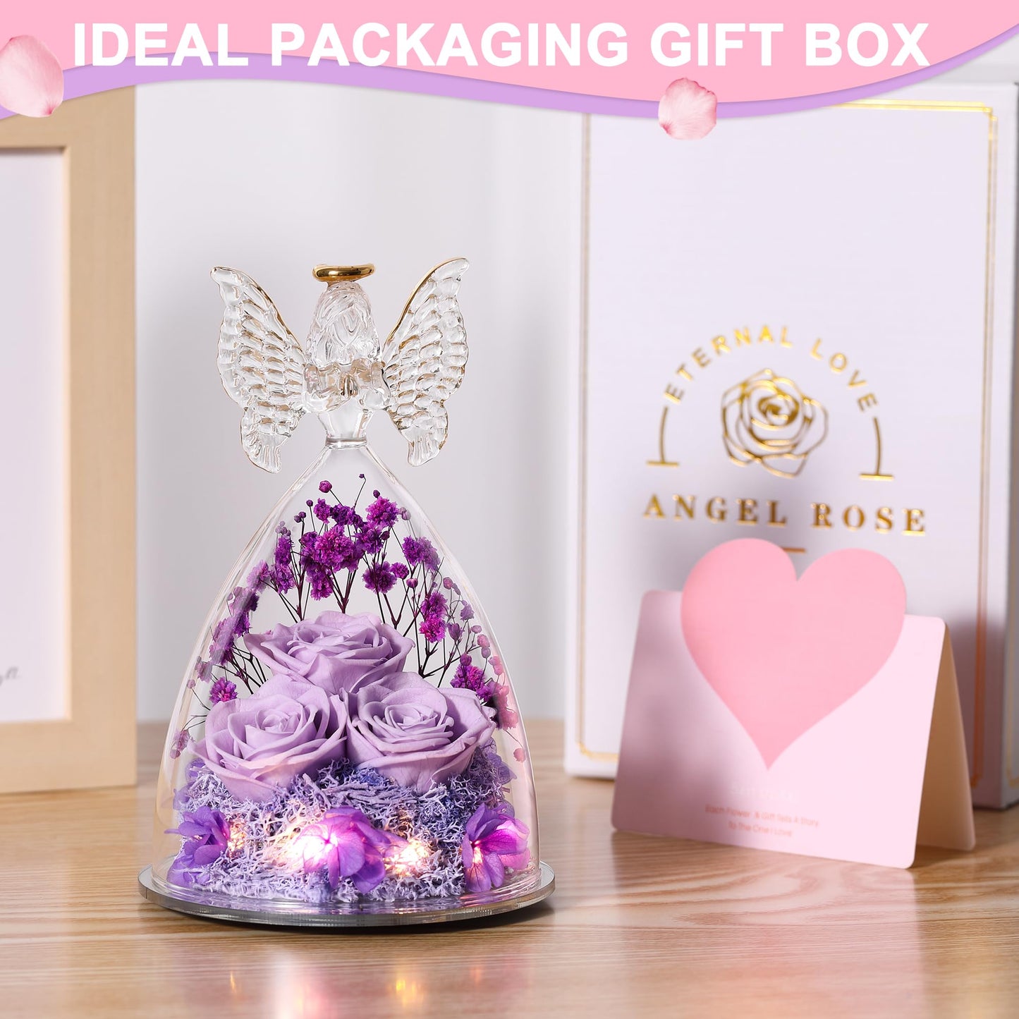 Tiaronics Mothers Day Mom Gifts for Women Preserved Flowers in Glass Angel Forever Flowers Gifts Eternal Roses Gifts for Grandma, Light Purple