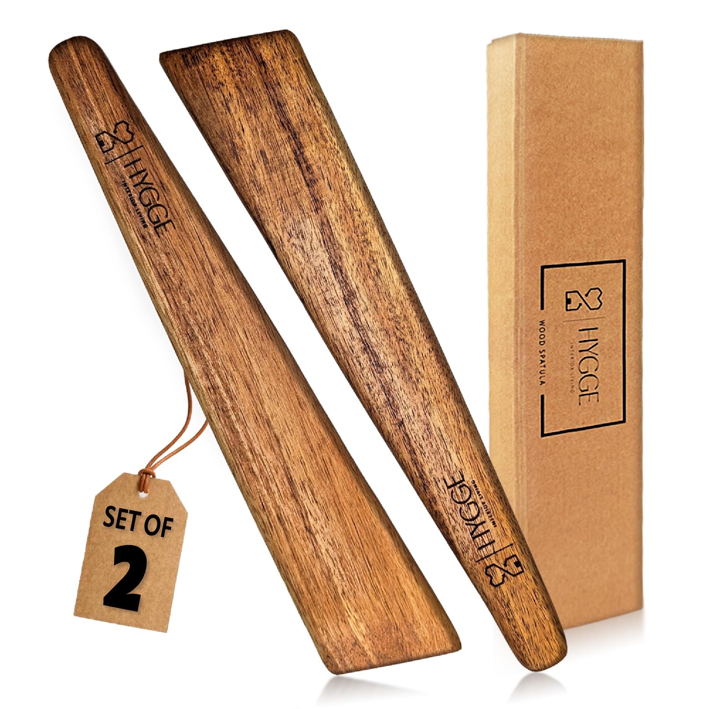 HYGGE INTERIOR LIVING Heirloom Acacia Wood Spatula Set - Professional Flat Turner for Cast Iron & Non-Stick, 12 inch Hand-Sanded Premium Hardwood, Designer Gift Box for Modern Kitchens - Set of 2