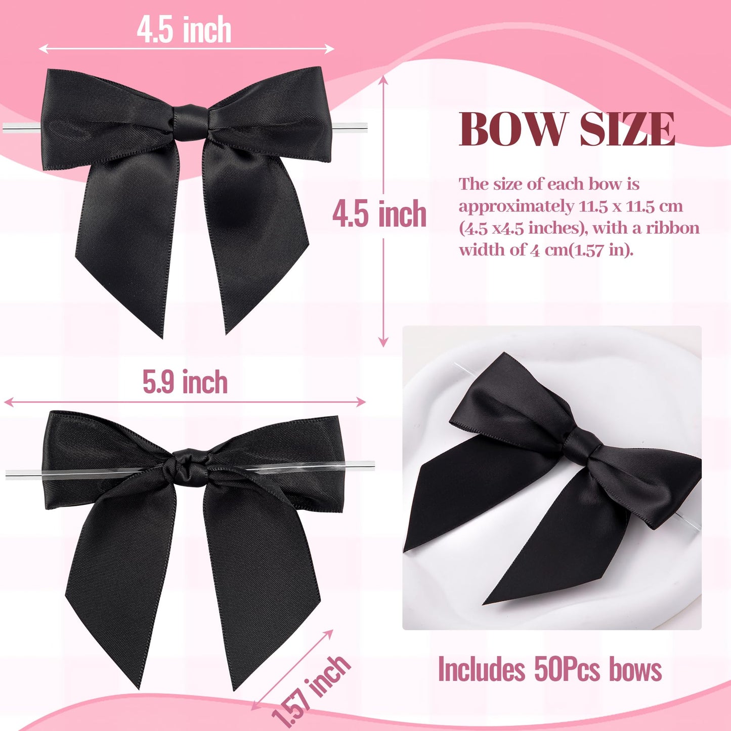 Oecoel 50Pcs 4.5in Satin Ribbon Bows with Clear Twist Ties Pre-Tied Decorative Bows for Present Wrapping, Treat Bags & Party Favors(Black)