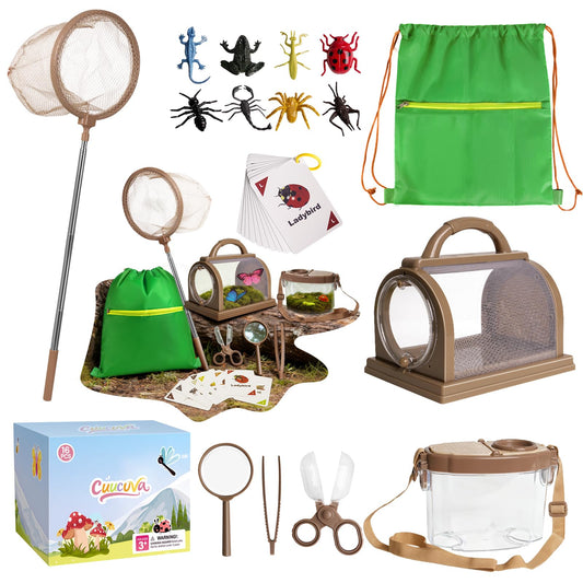 CUUCUVA Bug Catcher Kit for Kids Outdoor Explorer Kit with Insect Cage, Observation Box, Magnifying Glass, 8 Toy Bugs, Net & 10 Cards, STEM Educational Toys Gifting for Boys & Girls Ages 3+