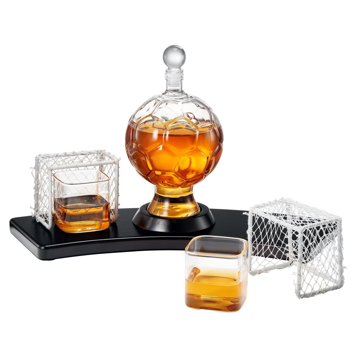 Soccer Whiskey Decanter Set with 2 Glasses & Goal Holder – Football-Shaped 25.9 oz Liquor Decanter Gift Set – Barware for Bourbon, Scotch, Rum – Unique Gift for Men, Sports Fans, Coaches