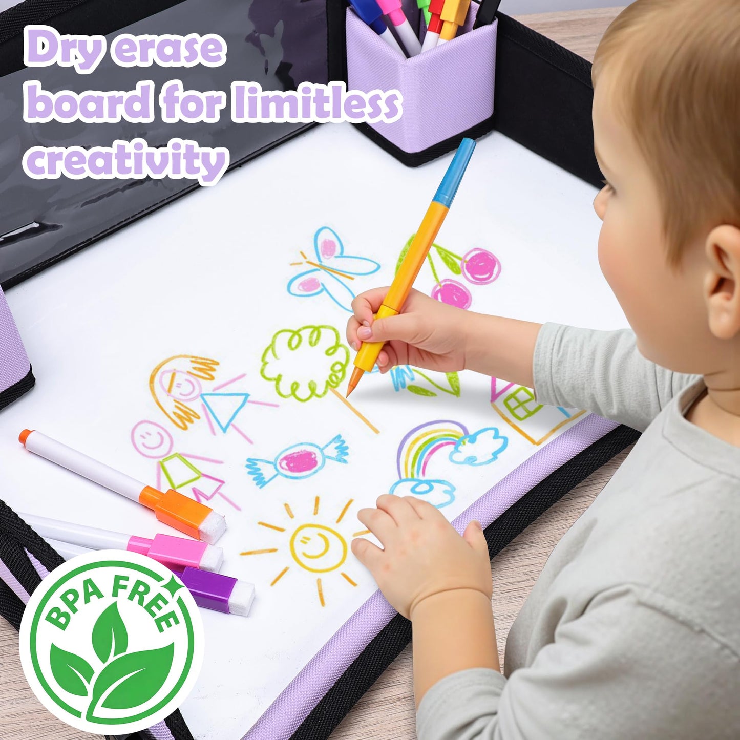 AZAMIA Kids Travel Tray for Toddler Carseat, Road Trip Activities Essentials for Toddler, Kids Lap Desk Tray with Tablet Holder Stand ＆ Dry Erase Board (Purple)