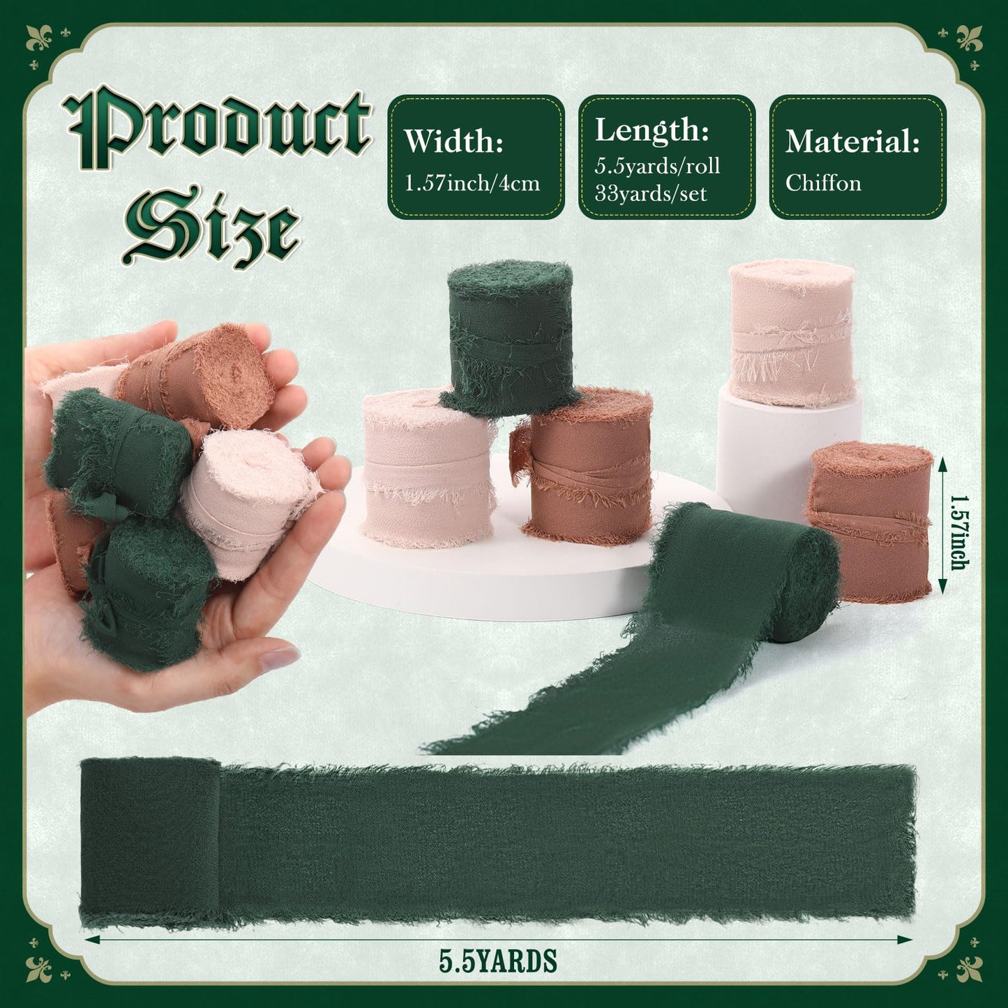 Suncalla 6 Rolls Neutral Chiffon Ribbon 1.57" x 33yd Dark Green Brown Nude Handmade Frayed Fringe Edges Silk Like Ribbon for Wedding Invitations Bridal Bouquets Gifts Wrapping Bow Making Crafts Decor