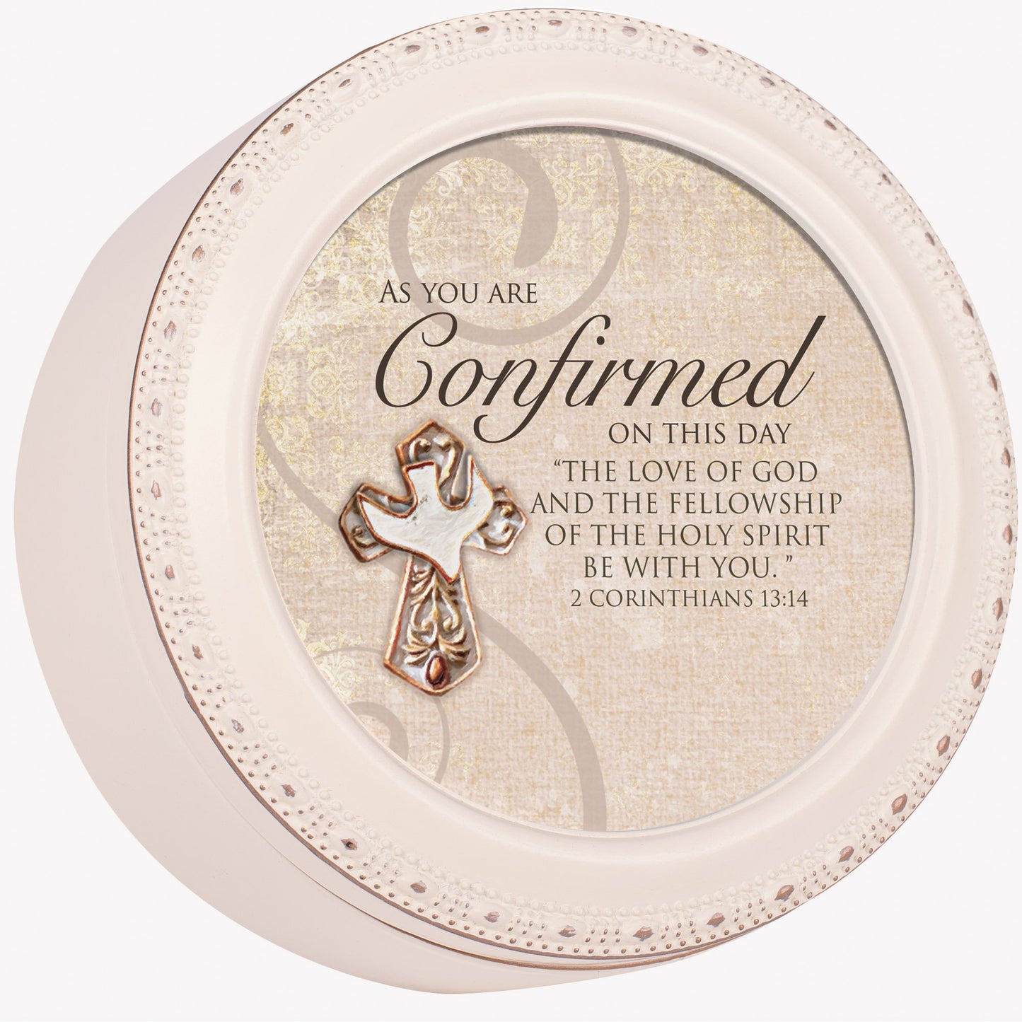Cottage Garden Confirmed This Day The Love of God Ivory Rope Trim Petite Round Jewelry and Keepsake Box