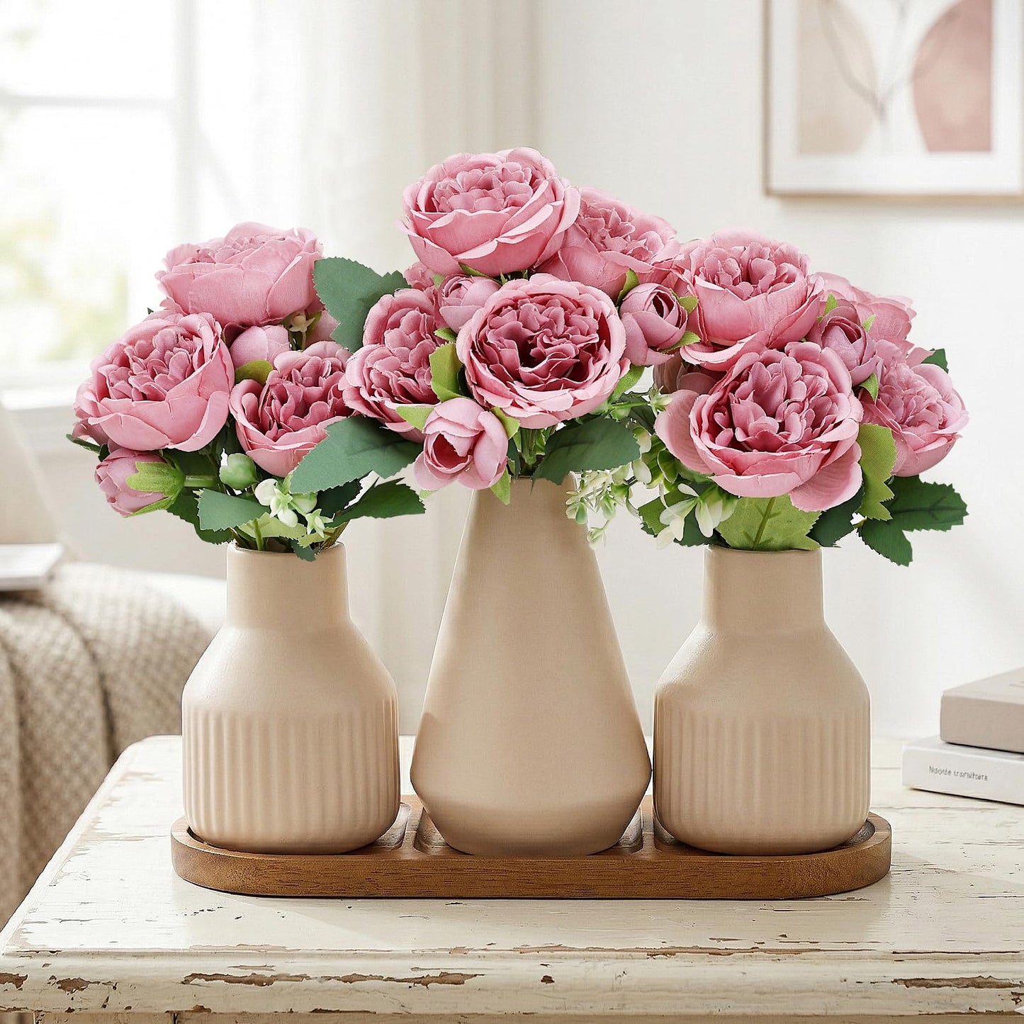 Nagobi Flower Table Centerpiece - Dining Table Centerpiece Decor Set of 3 Fake Peonies in Ceramic Vases & Wood Tray Modern for Kitchen Island Living Room Coffee Table Home Decor (Dusty Pink)