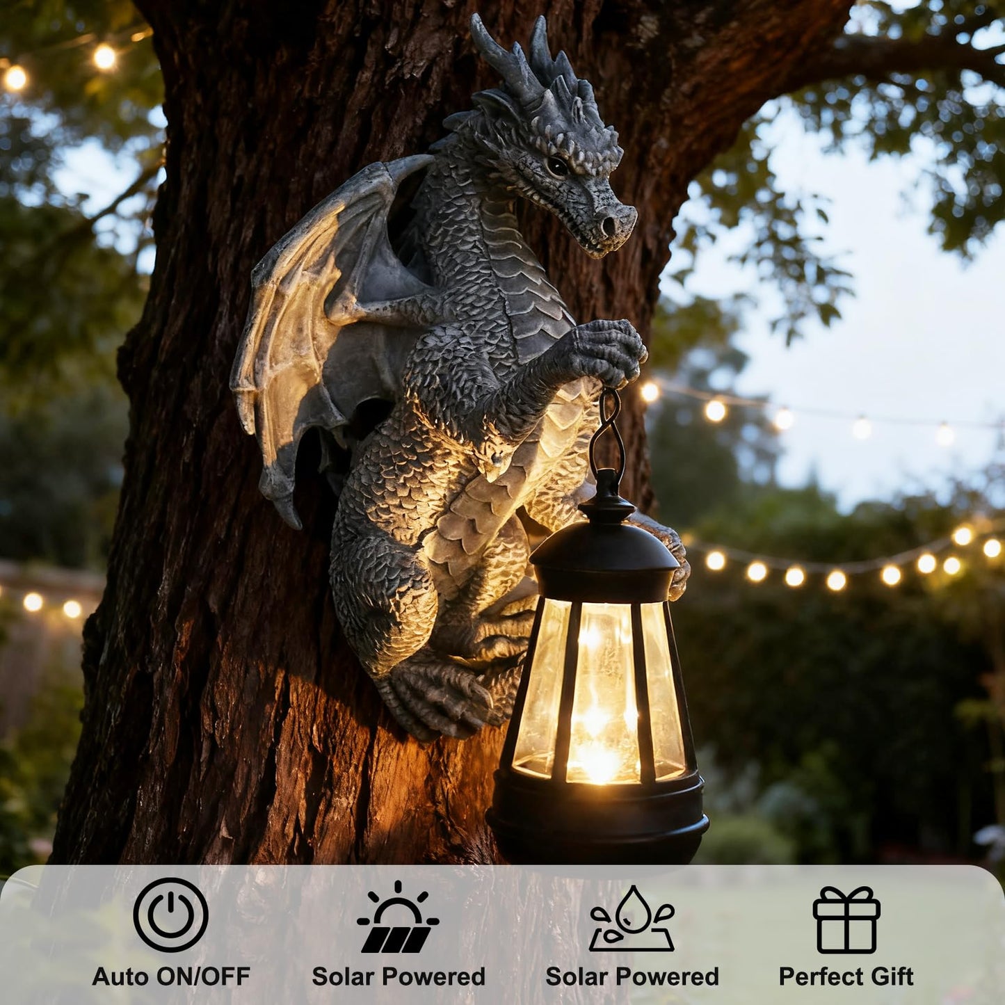 Garden Statues Tree Hugger Dragon - Halloween Dragon Statue Solar Lights Outdoor Patio Wall Decor,Christmas& Mothers Day&Birthday Gifts for Grandma Mom Women,Ideas Arts Crafts Waterproof Resin Lantern