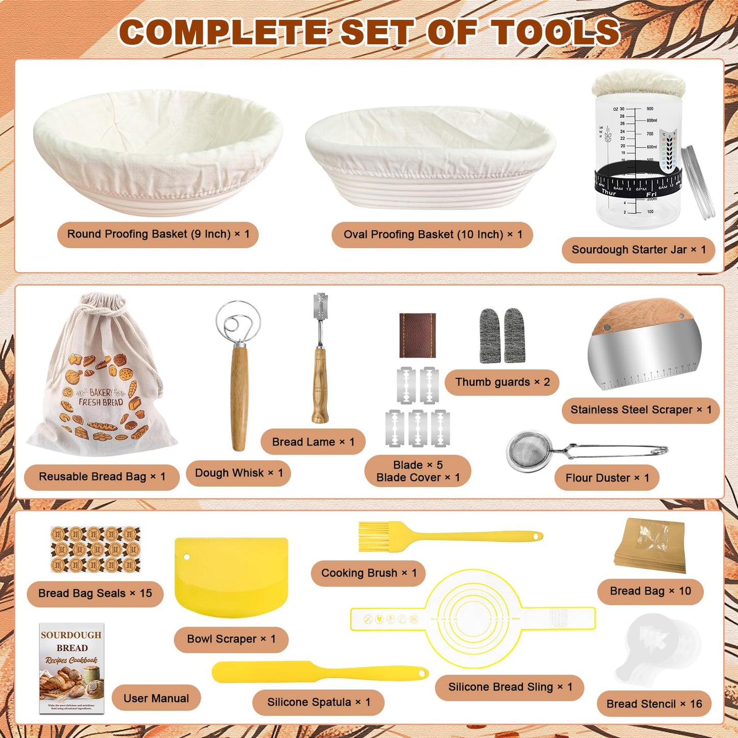 Sourdough Starter Kit,Sourdough Bread Baking Supplies, 9" Round and 10" Oval Banneton Bread Proofing Basket Set with Glass Sourdough Starter Jar, Sourdough Bread Making Tools Gifts for Women Wife Mom