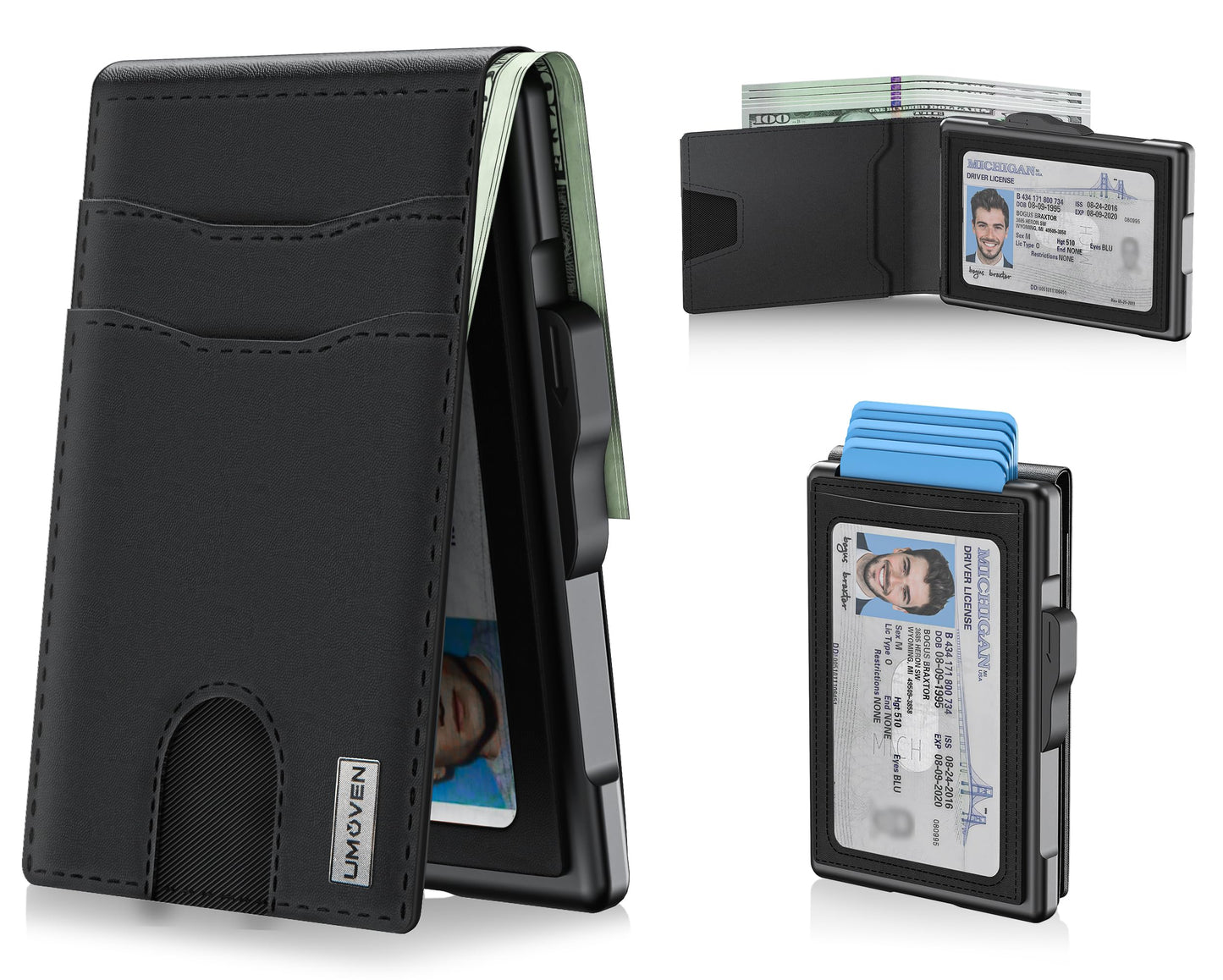 umoven Wallet for Men - Pop Up Case, Cash Slot, and Credit Card Slot - Slim Aluminum Wallet with RFID Blocking, Minimalist Leather Wallet Front Pocket with ID Window, Gift Box (Dark black)