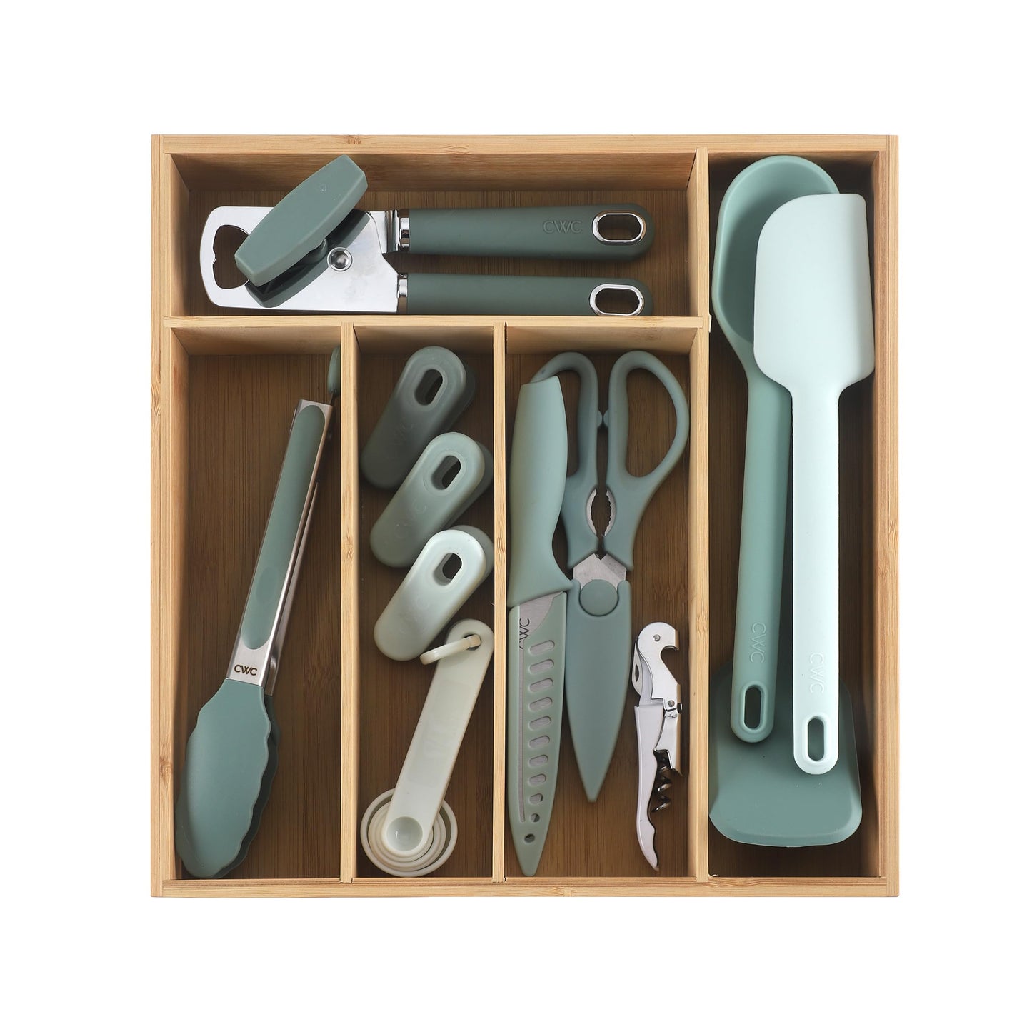 COOK WITH COLOR Bamboo Kitchen Utensil Set with Drawer Organizer | Cooking Tools and Storage Caddy, Sage, 18 Piece Gadget Set