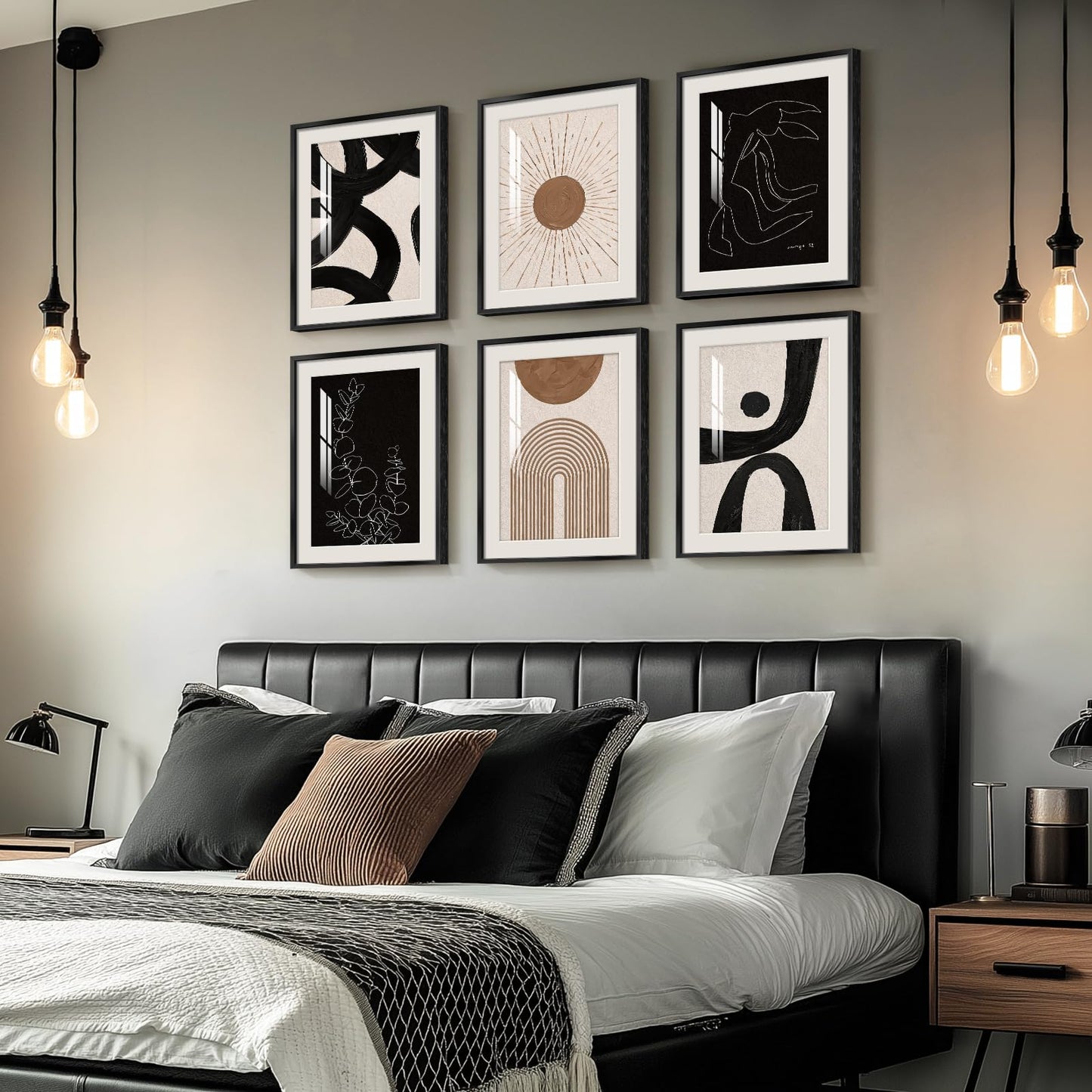 Framed Boho Black and White Brown Modern Abstract Wall Art for Living Room, Set of 6 Bohemian Wall Hanging Artwork, Minimalist Sun Geometric Pictures for Bedroom Office Bathroom Wall Decor 11x14 Inch