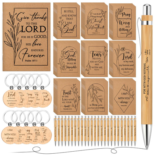 Kisston 30 Set Christian Gift Bulk - Bible Verse Inspirational Notepads, Bamboo Ballpoint Pens & Wooden Keychains for VBS Religious Party Favors Church Sunday Present