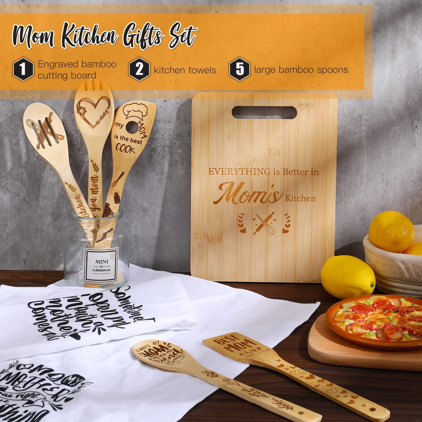 Gerrii 8 Pcs Mom Gifts Kitchen Set Mother's Day Cutting Board Spoons Towels Dish Towels for Kitchen Cooking Gift Utensils Housewarming Decoration from Grandson Granddaughter Son Daughter