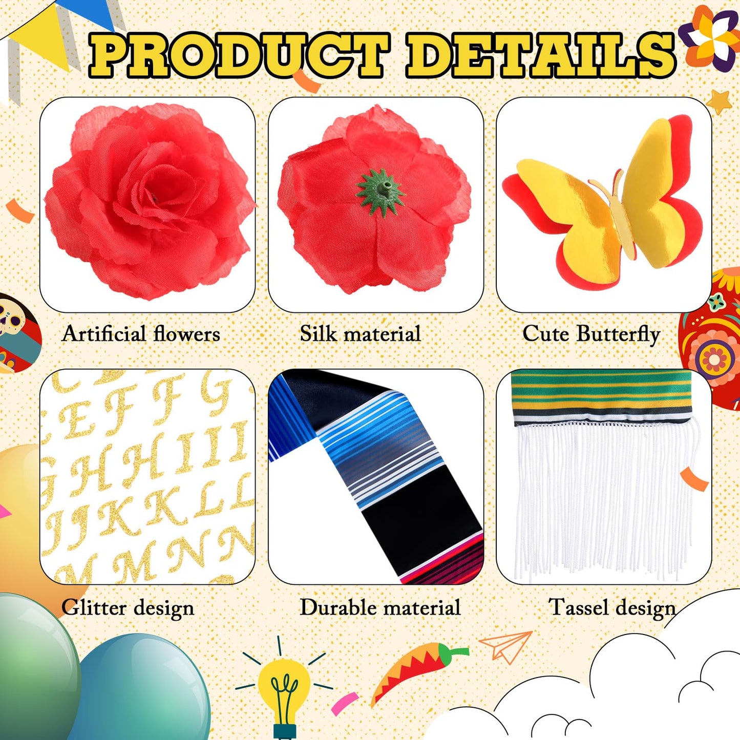 Knitgrip 41 Pcs DIY Mexican Graduation Cap Decorations Kit Graduation Stole Faux Flower Heads Graduation Quotes 3D Butterfly Glitter Letter Stickers Pearl Stickers for Graduation Cap Decoration Craft