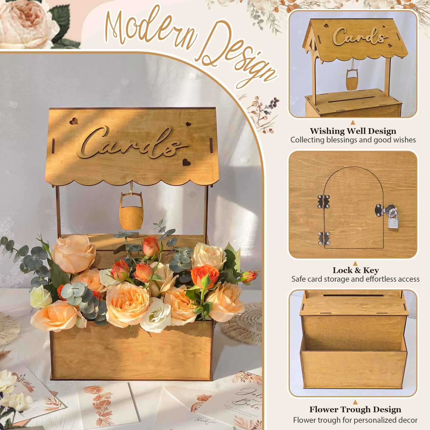 OurWarm Wooden Wishing Well Wedding Card Box with Lock & Flower Trough, Brown Wedding Card Boxes for Reception, Rustic Box for Cards at a Party for Birthday Graduation Baby Shower Reception Decor