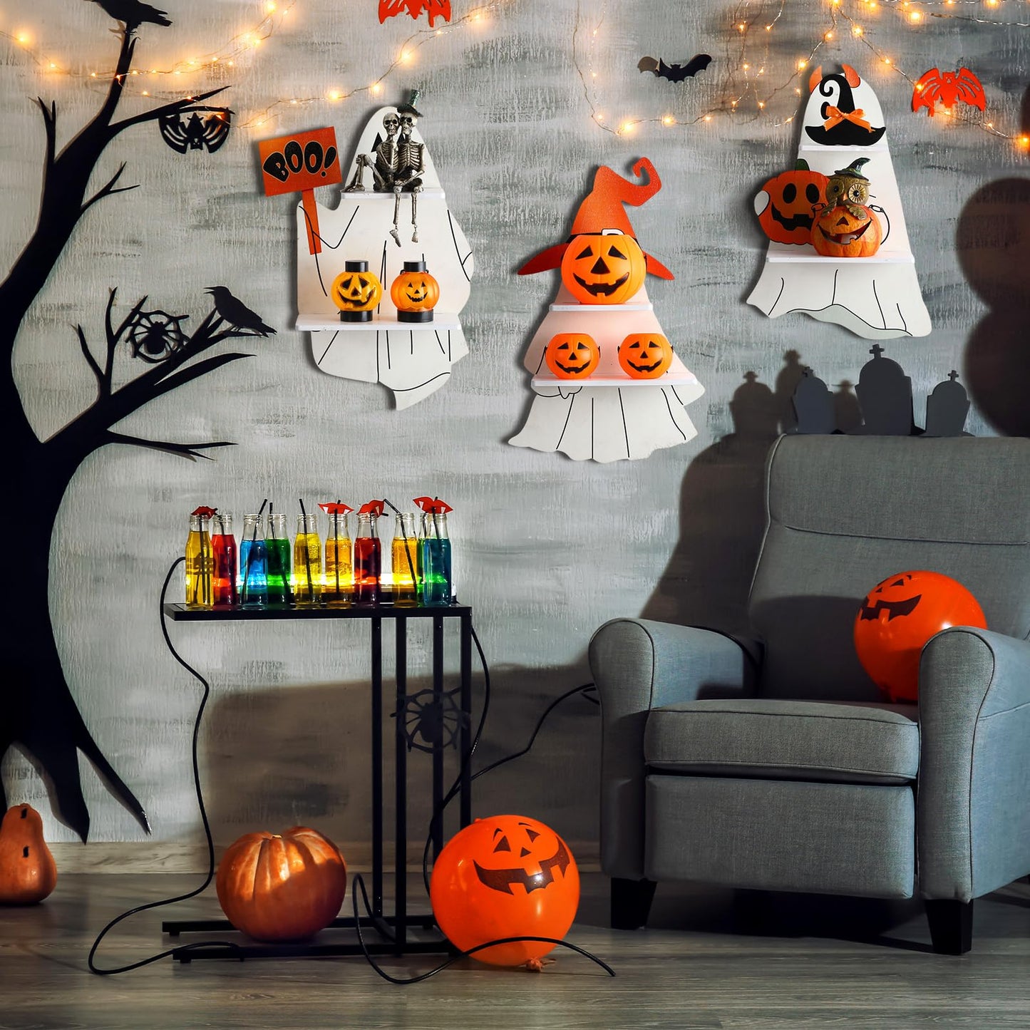 Lineshading 3 Pcs Halloween Ghost Wall Shelves Wall Decor Hanging Sign with Shelf Bathroom Shelves Aesthetic Crystal Shelf Ghost Decor for Bedroom Livingroom Party Decoration