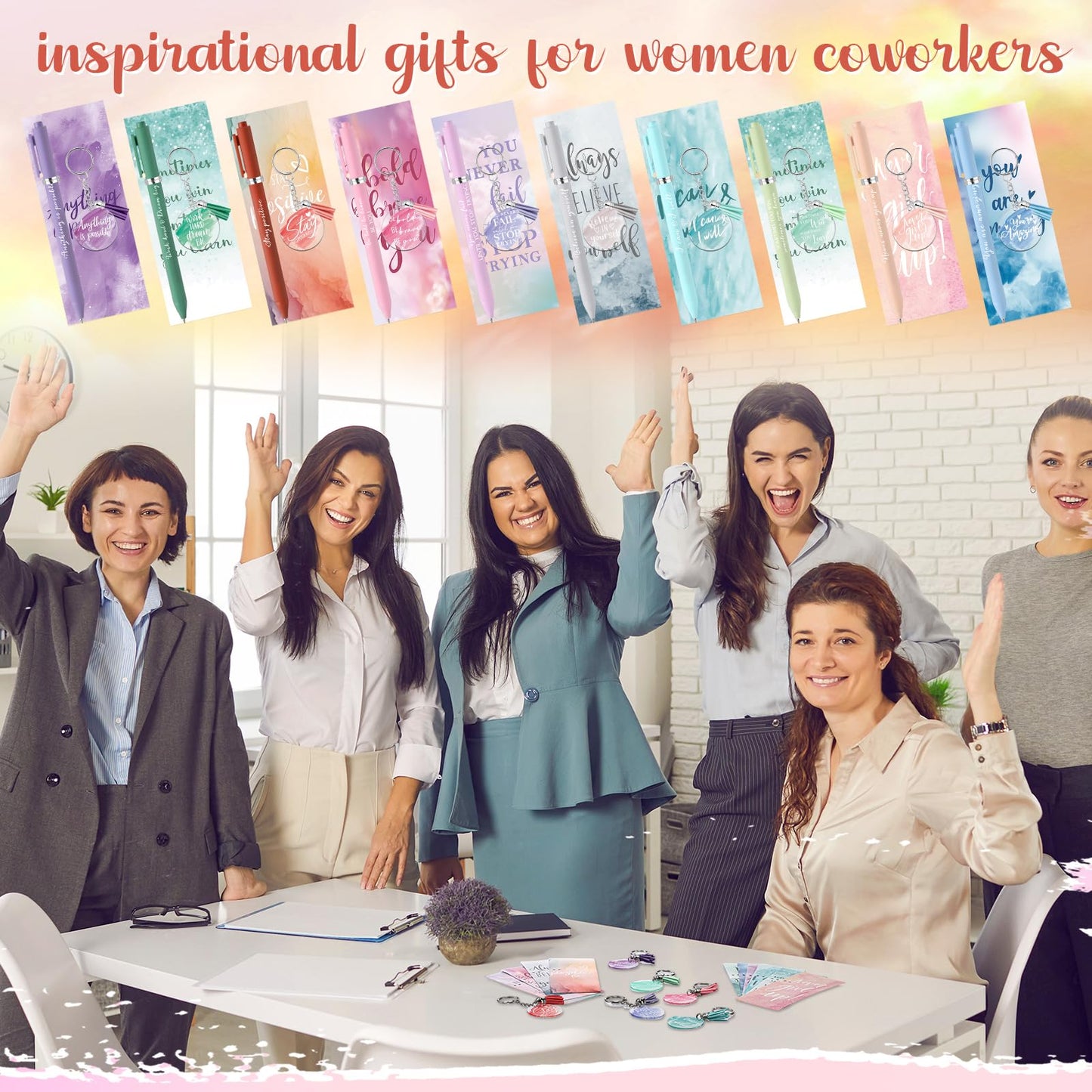 Quelay 30 Set Inspirational Gift Bulk for Women History Month Motivational Acrylic Keychain Motivational Pens Bookmarks Women Empowerment Gifts for Team Employees