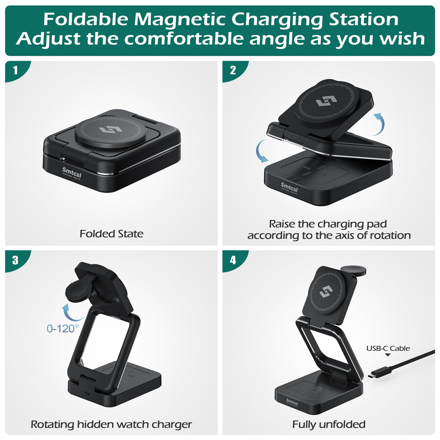 Smtcsl 3-in-1 Foldable Wireless Charging Station: Magnetic Charger Pad Compatible with Phone air 17 16 15 14 13 12 Series/Watch/Air Pods - Portable Folding Stand for Travel