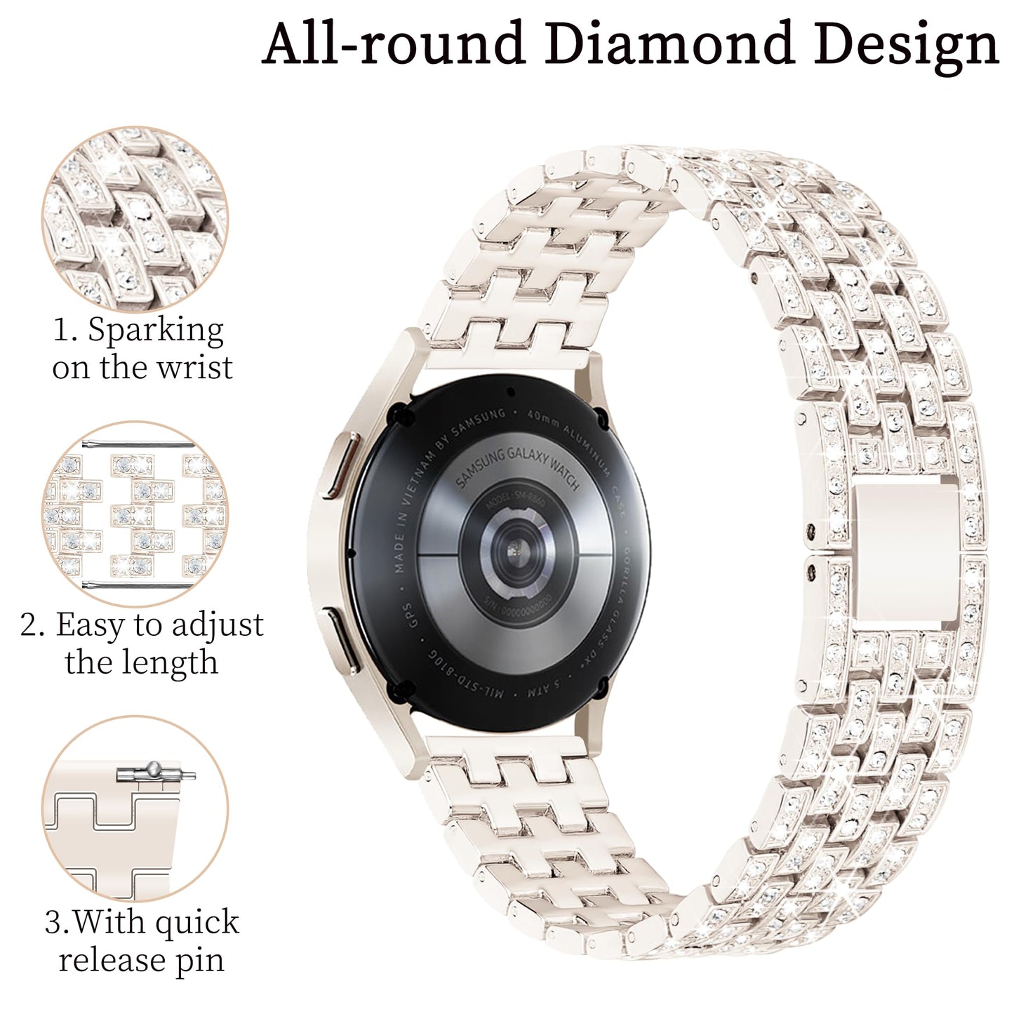 G-ficu Galaxy Watch 7 6 5 4 FE Band 20mm Diamond Bands for Samsung Galaxy Watch 7 6 5 4 FE Band 40mm 44mm, Women Bling Metal Strap for Samsung Watch Bands/4 6 Classic/3 41mm/Active 2-Cream