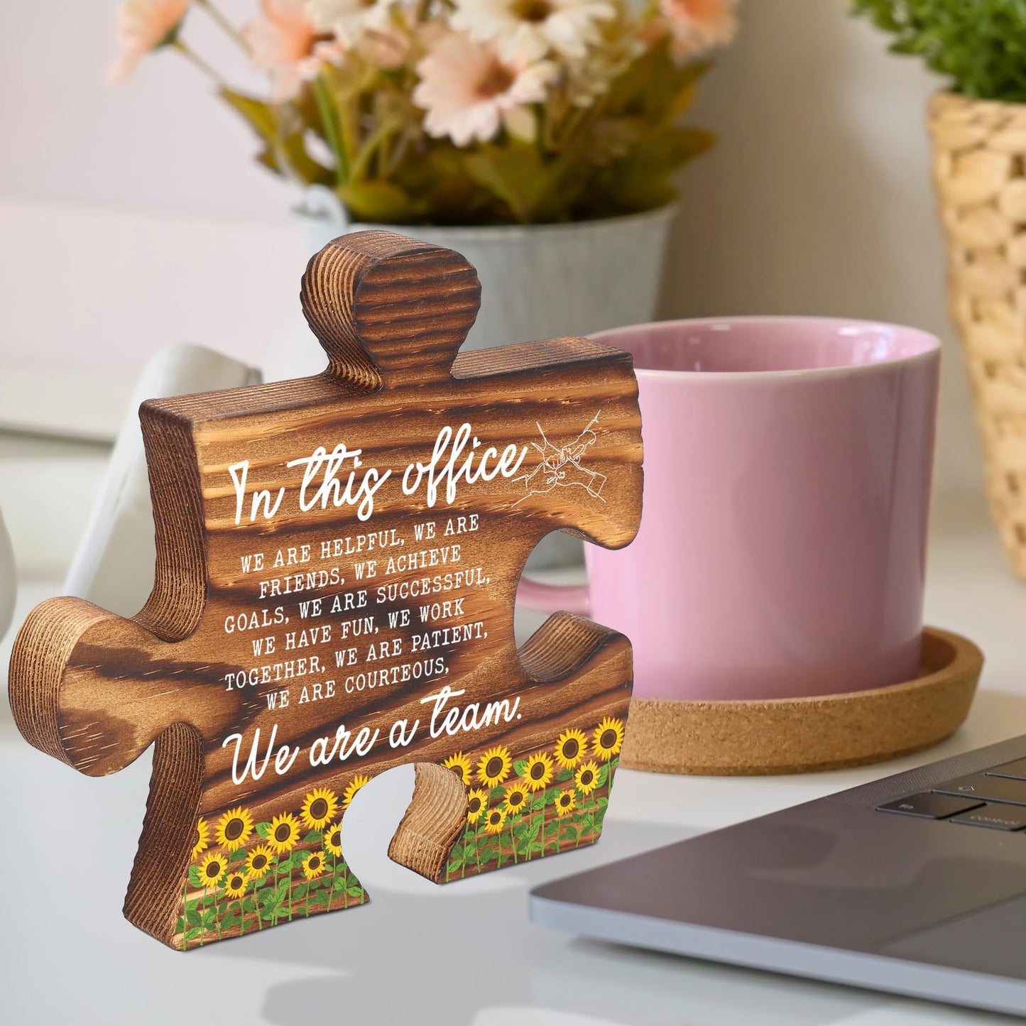In This Office Puzzle Desk Sign with Sunflowers, Teamwork Quote Office Decor Gift for Coworkers Boss, Inspirational Thank You Gift for Colleagues Women Men, Work Desk Display Plaque - FSE369